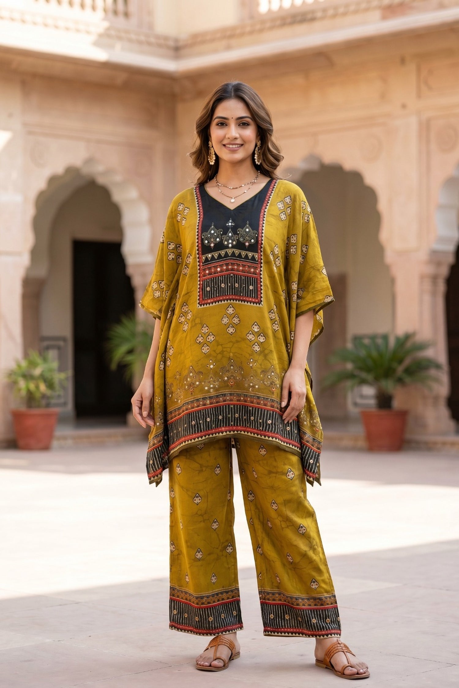 Rich Yellow Kaftan Cord Set in Chinon Silk