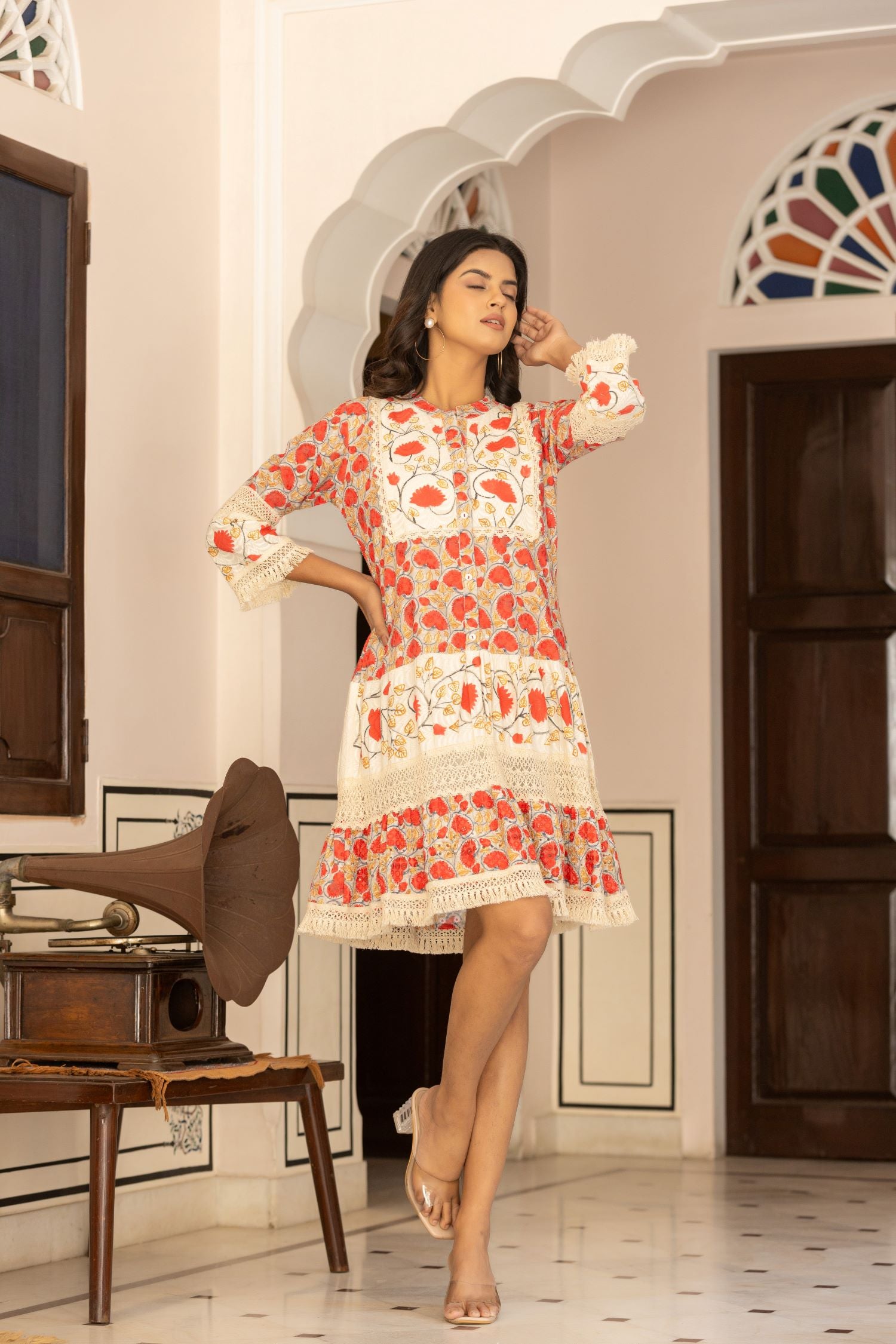 FREYAA Cream Cotton Round-Neck Tunic with Floral Design