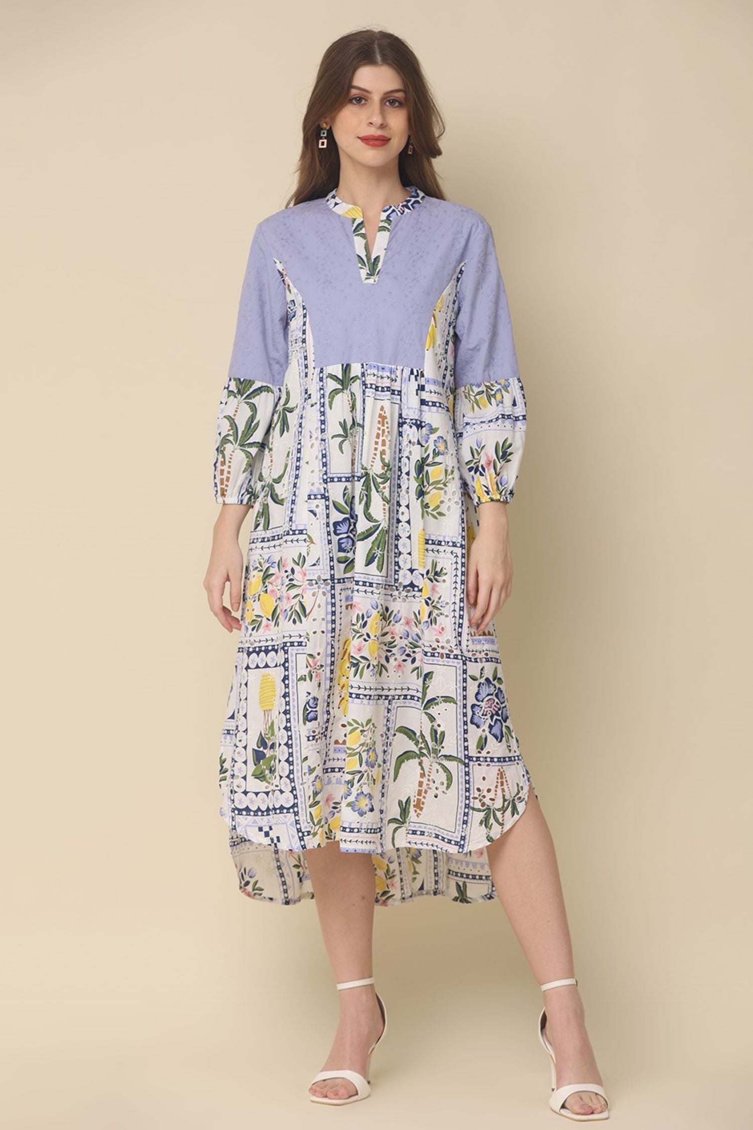 off-white cotton dress with printed designs