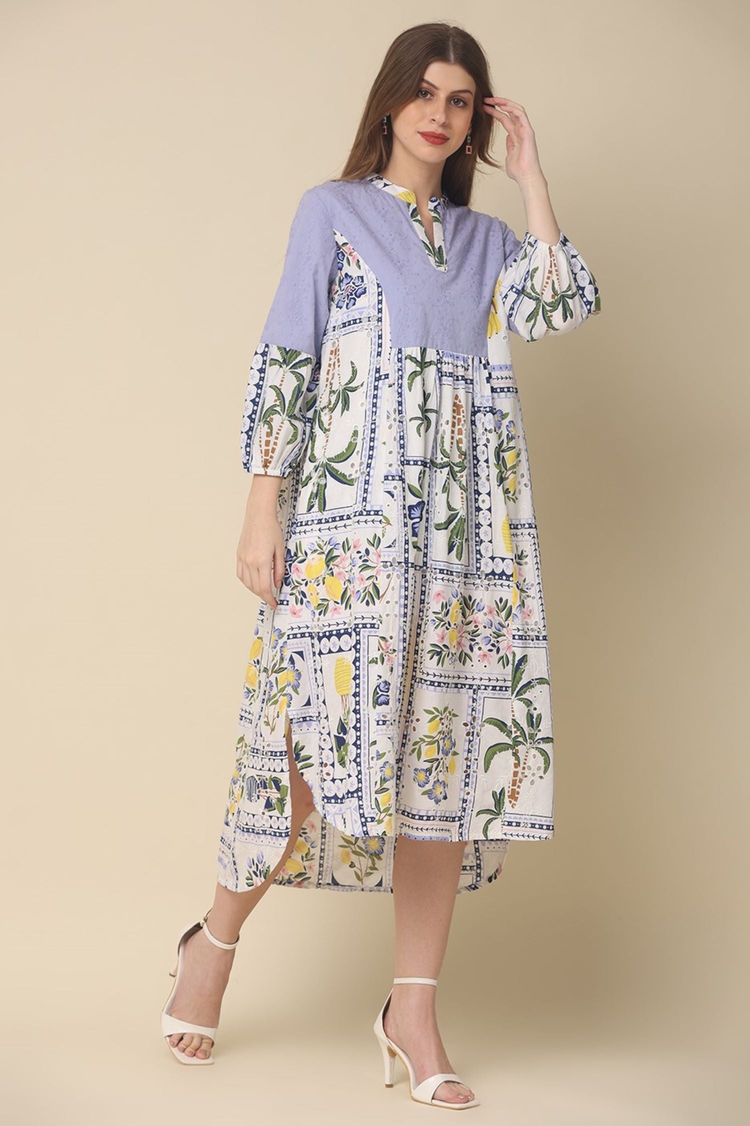 off-white cotton dress with printed designs
