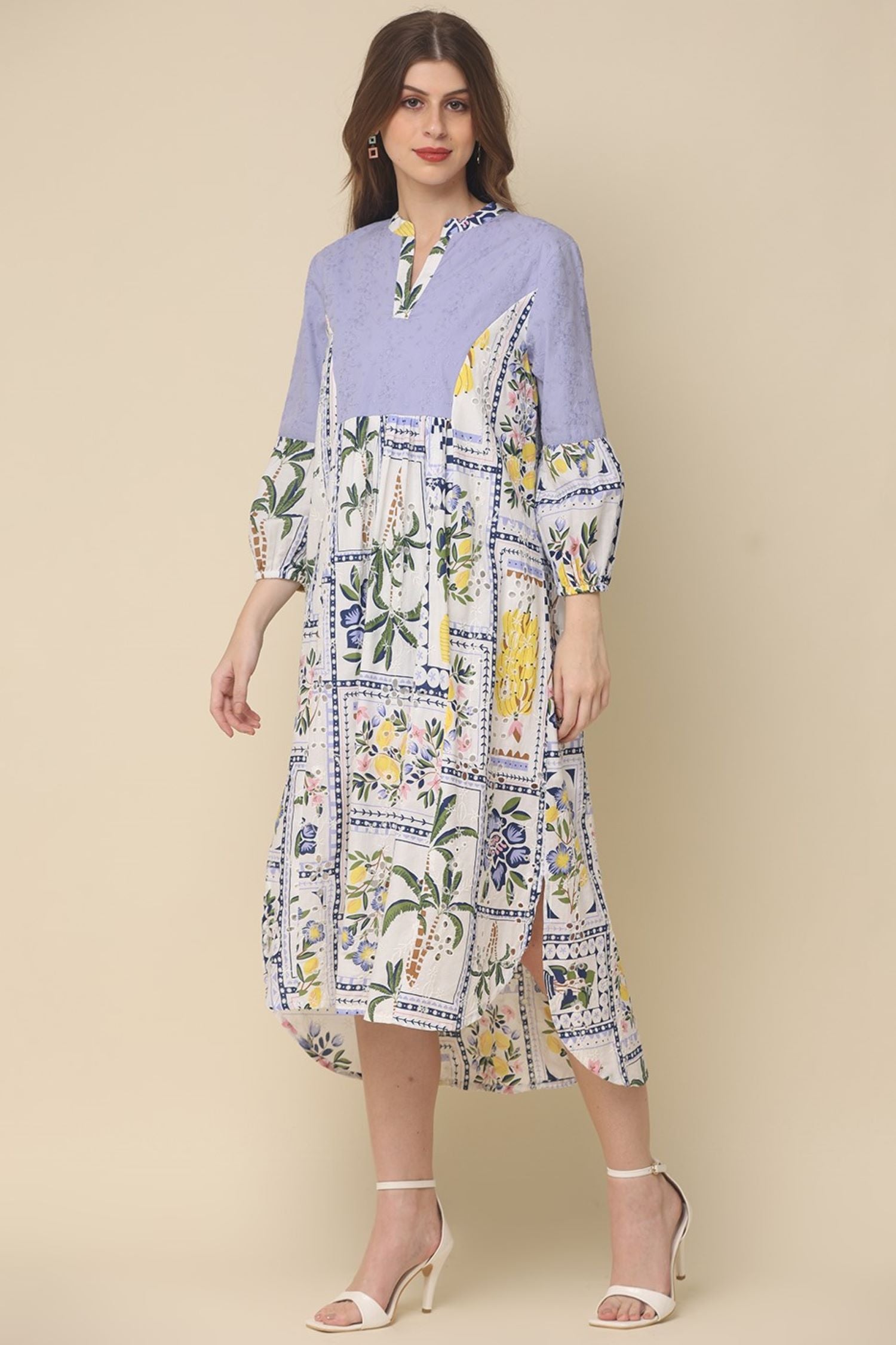 off-white cotton dress with printed designs
