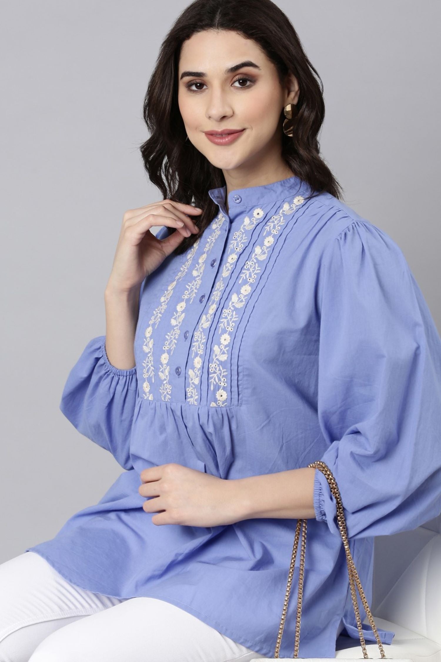 Blue Breeze Embroidered Cotton Top with Elegant Neck