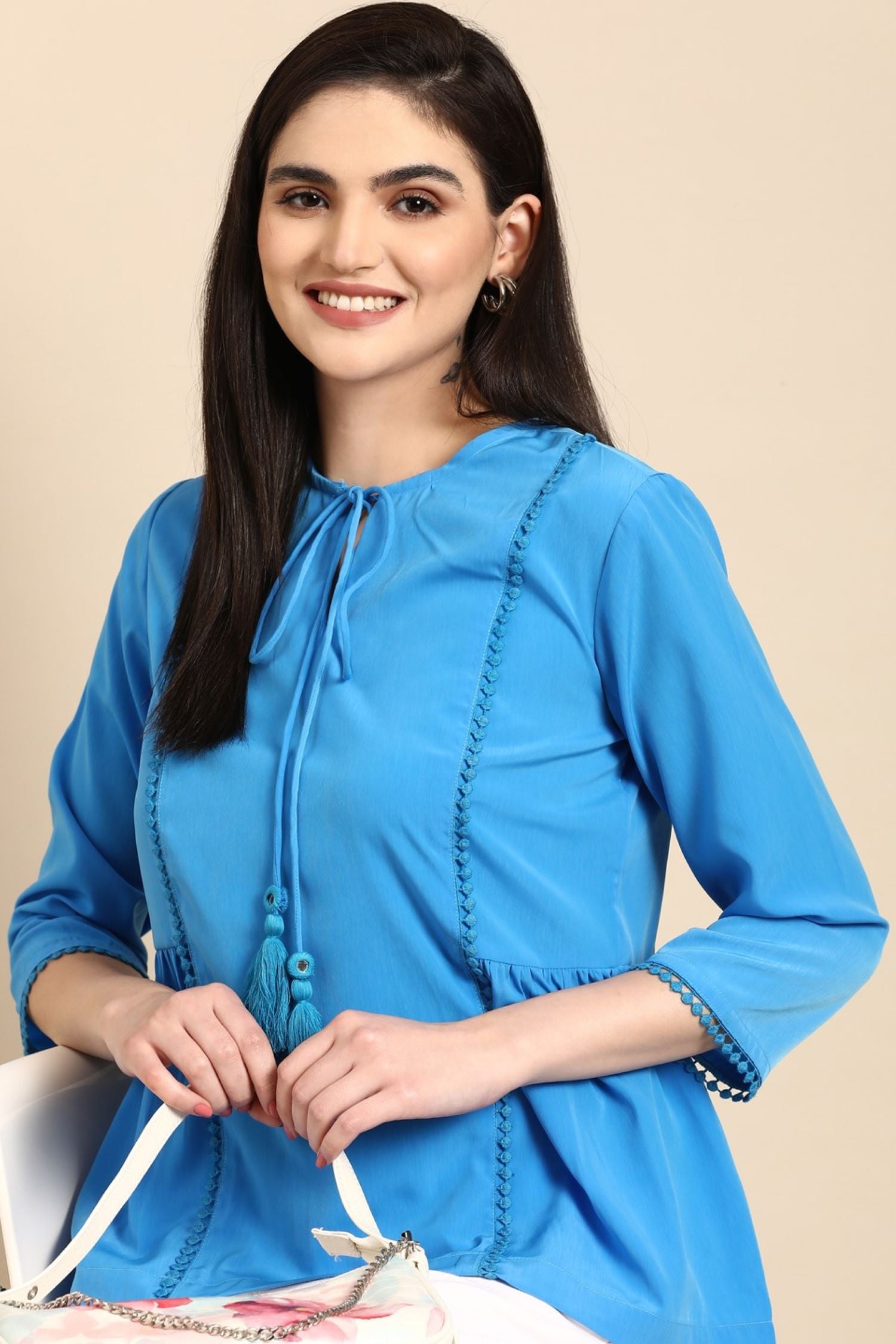 Coastal Blue Cotton Top with Rope Tie Neck