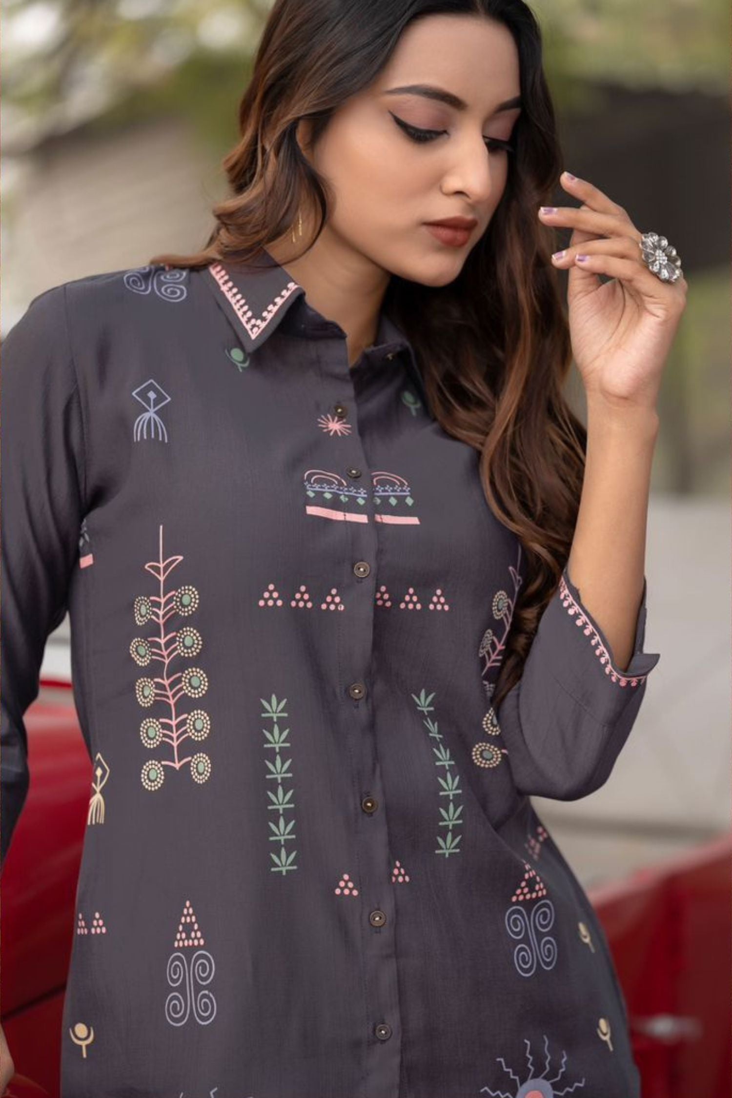 Grey Cord Set with Printed Shirt-Style Top and Solid Pants