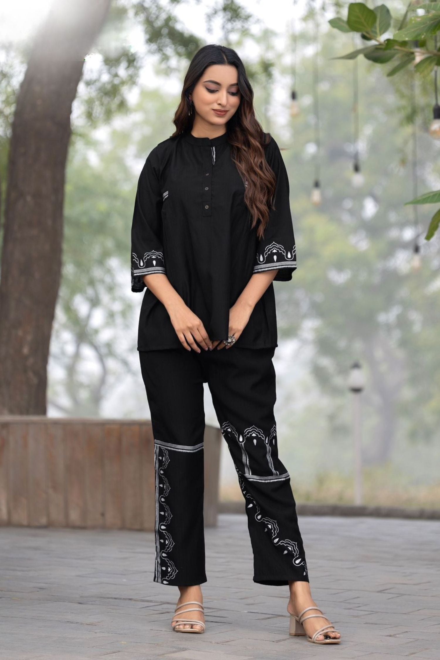Black Cord Set with Subtle Printed Sleeves and Pants