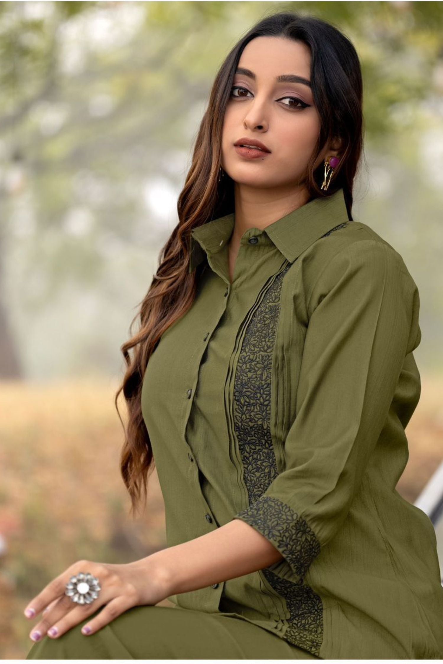 Elegant Green Full-Sleeve Cord Set with Classic Black Detailing