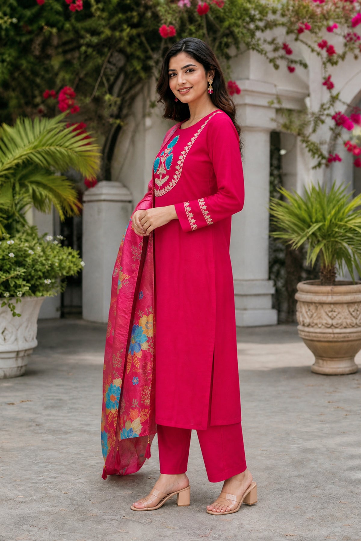 Pink Floral Embroidered Straight Kurta Pant Set
