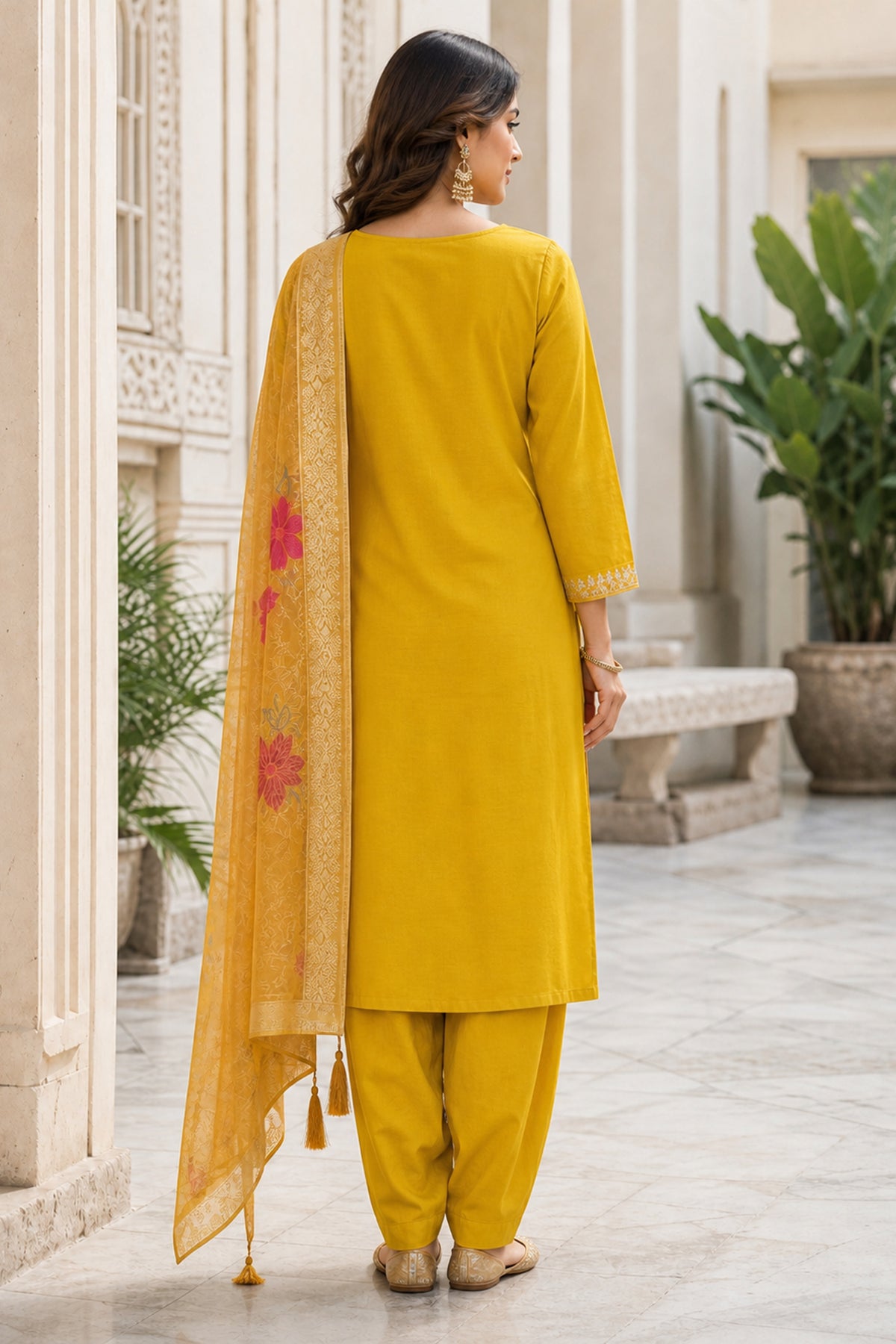 Yellow Floral Embroidered Straight Kurta Pant Set