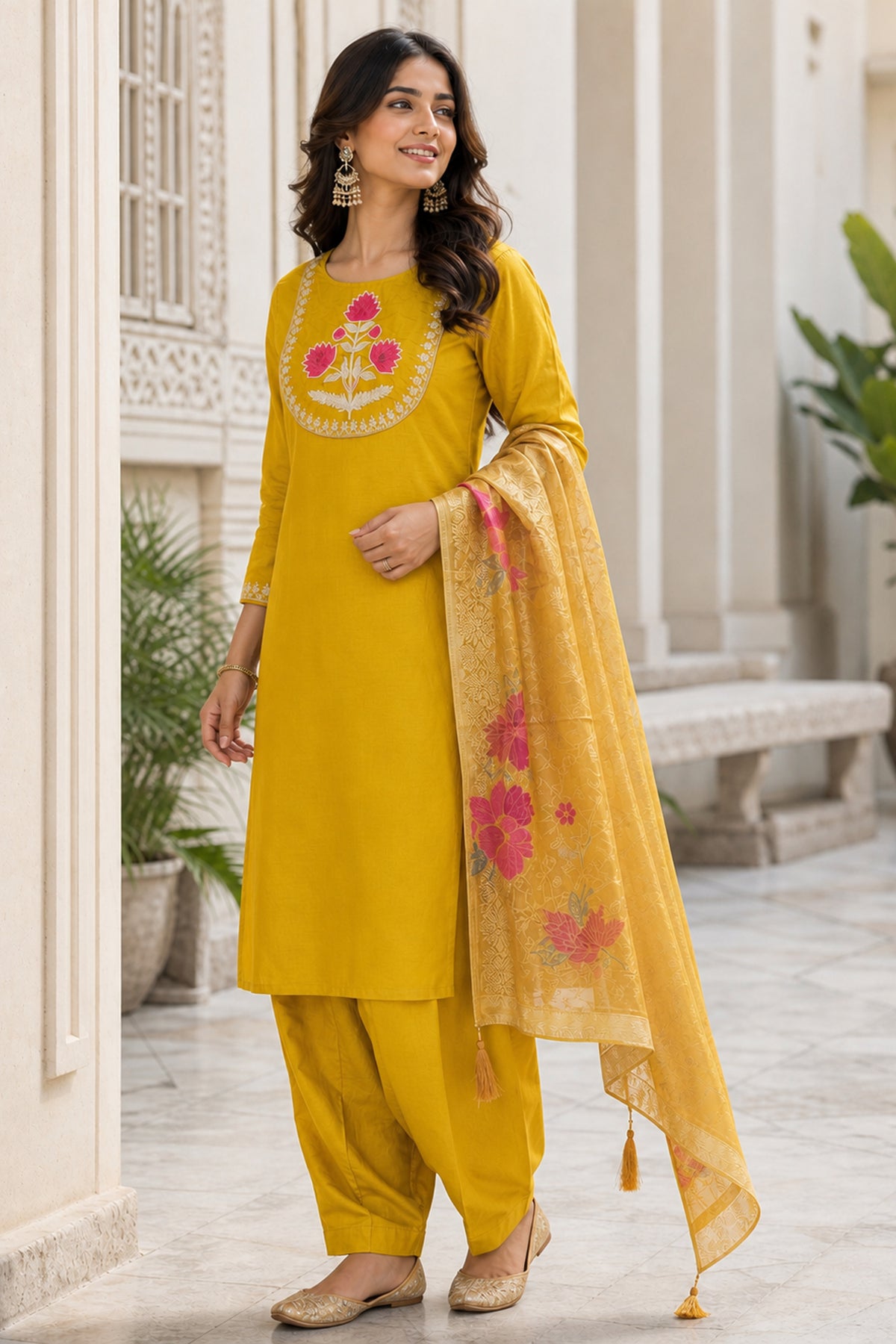 Yellow Floral Embroidered Straight Kurta Pant Set