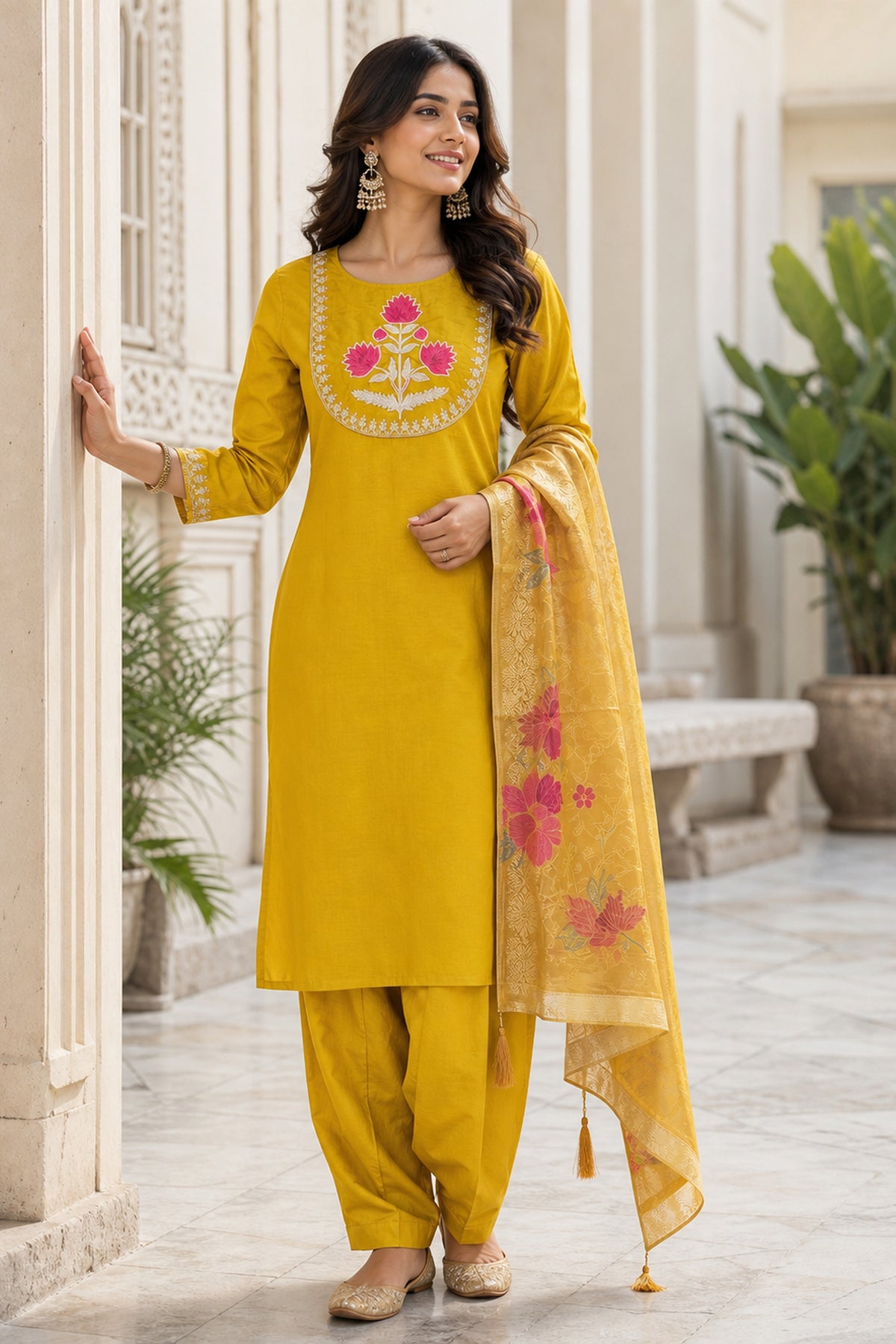 Yellow Floral Embroidered Straight Kurta Pant Set