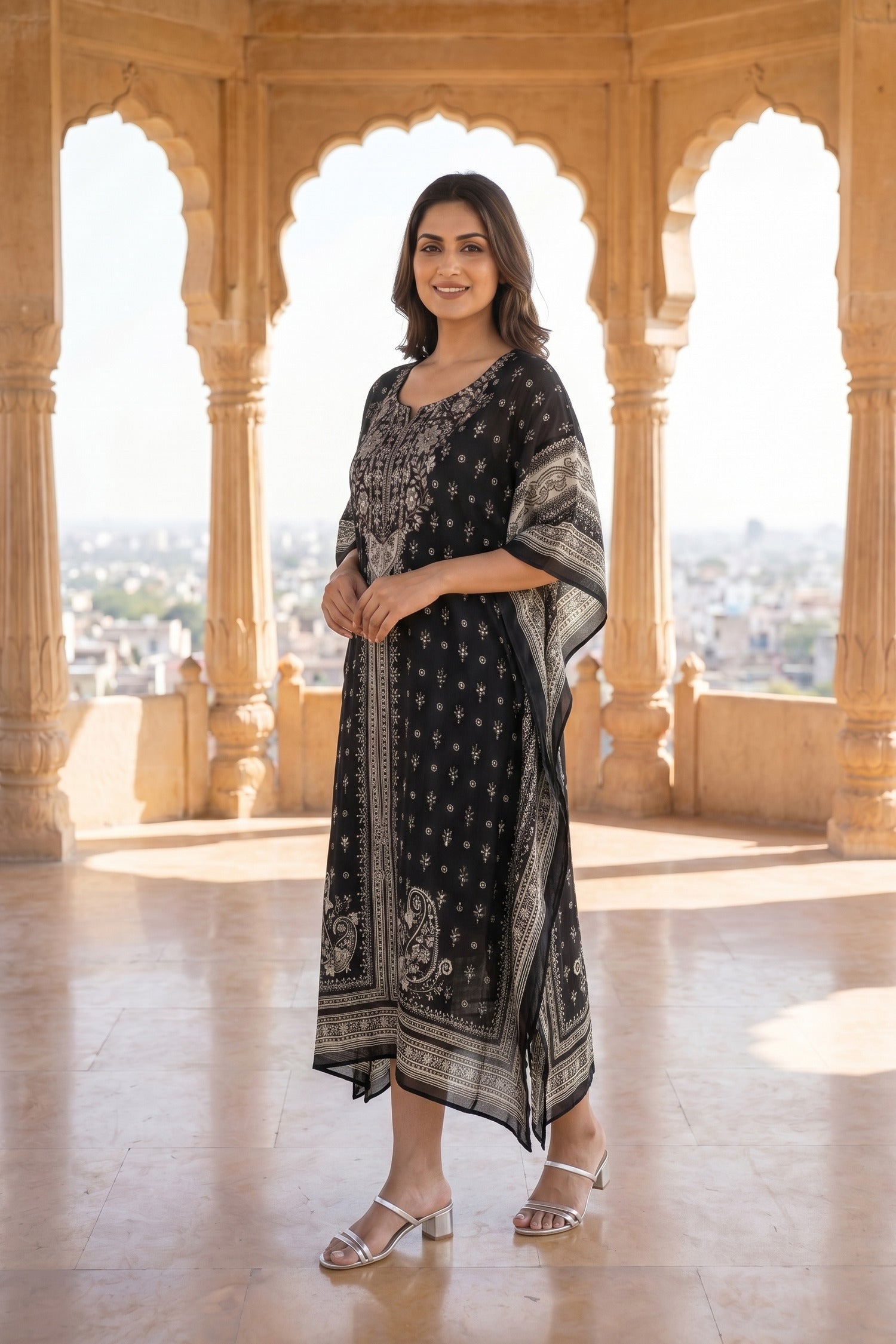 Black & White Printed Chinon Silk Long Kaftan