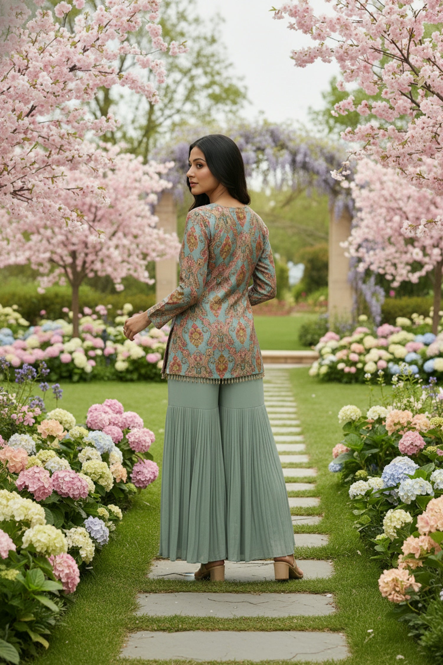 Aqua Charm Printed Sharara Style Cord Set