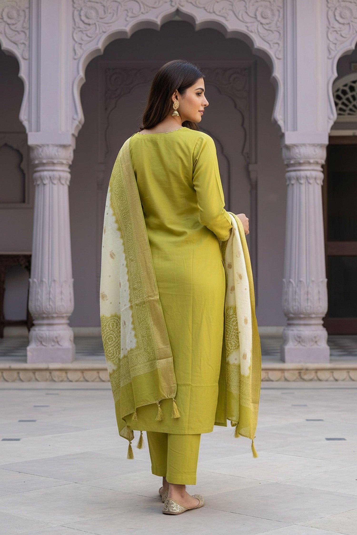 Green Straight-Cut Three Piece Suit with Embroidered Kurta Patch & Work Dupatta