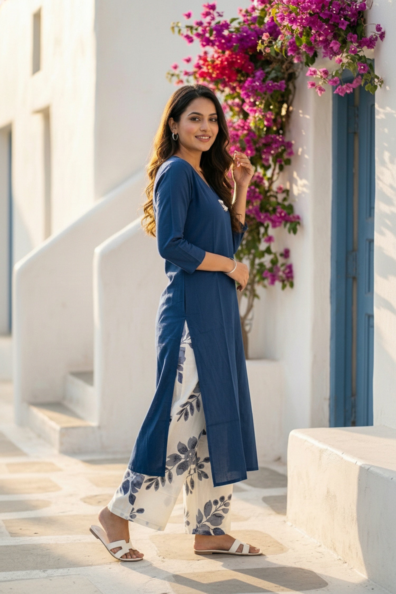 Blue Elegance Cotton Cord Set with Printed Pants