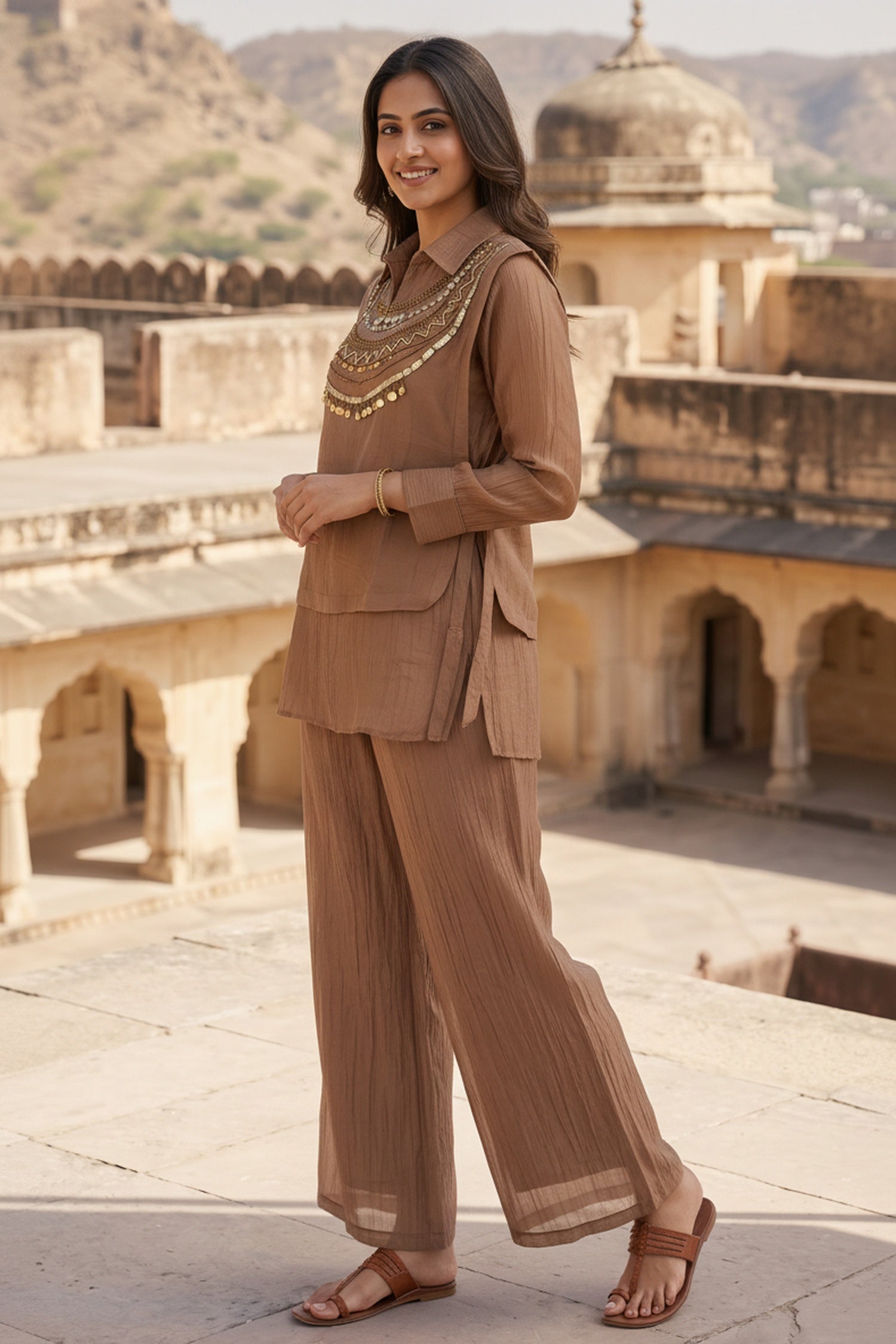 Brown Graceful Tissue intricate Embroidered Jacket Chinon Cord Set