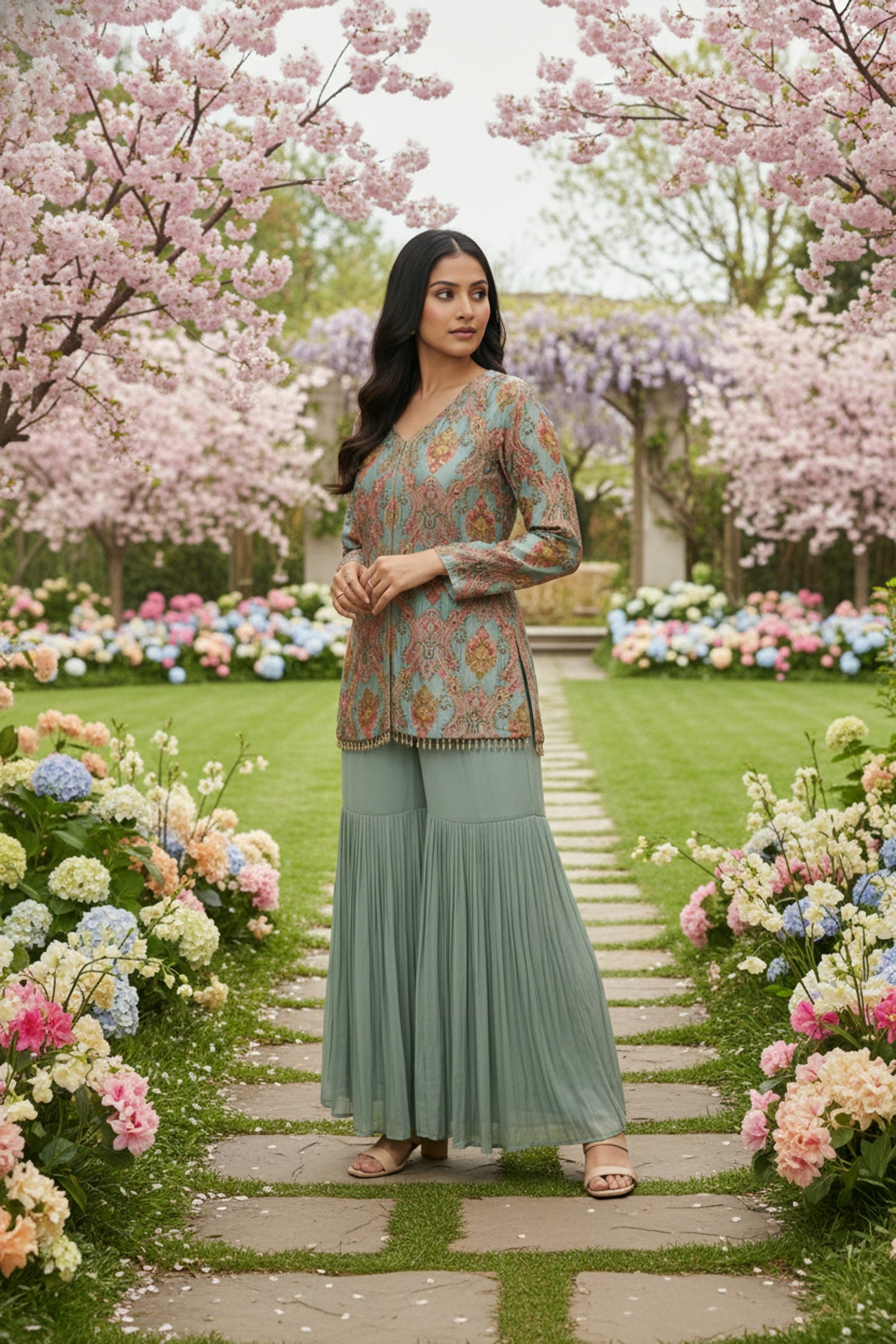 Aqua Charm Printed Sharara Style Cord Set