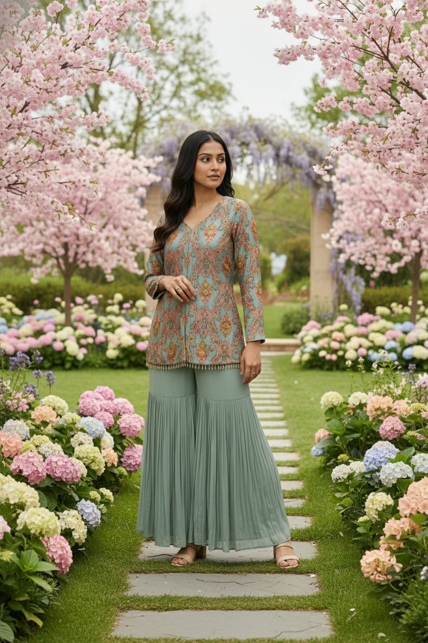 Aqua Charm Printed Sharara Style Cord Set