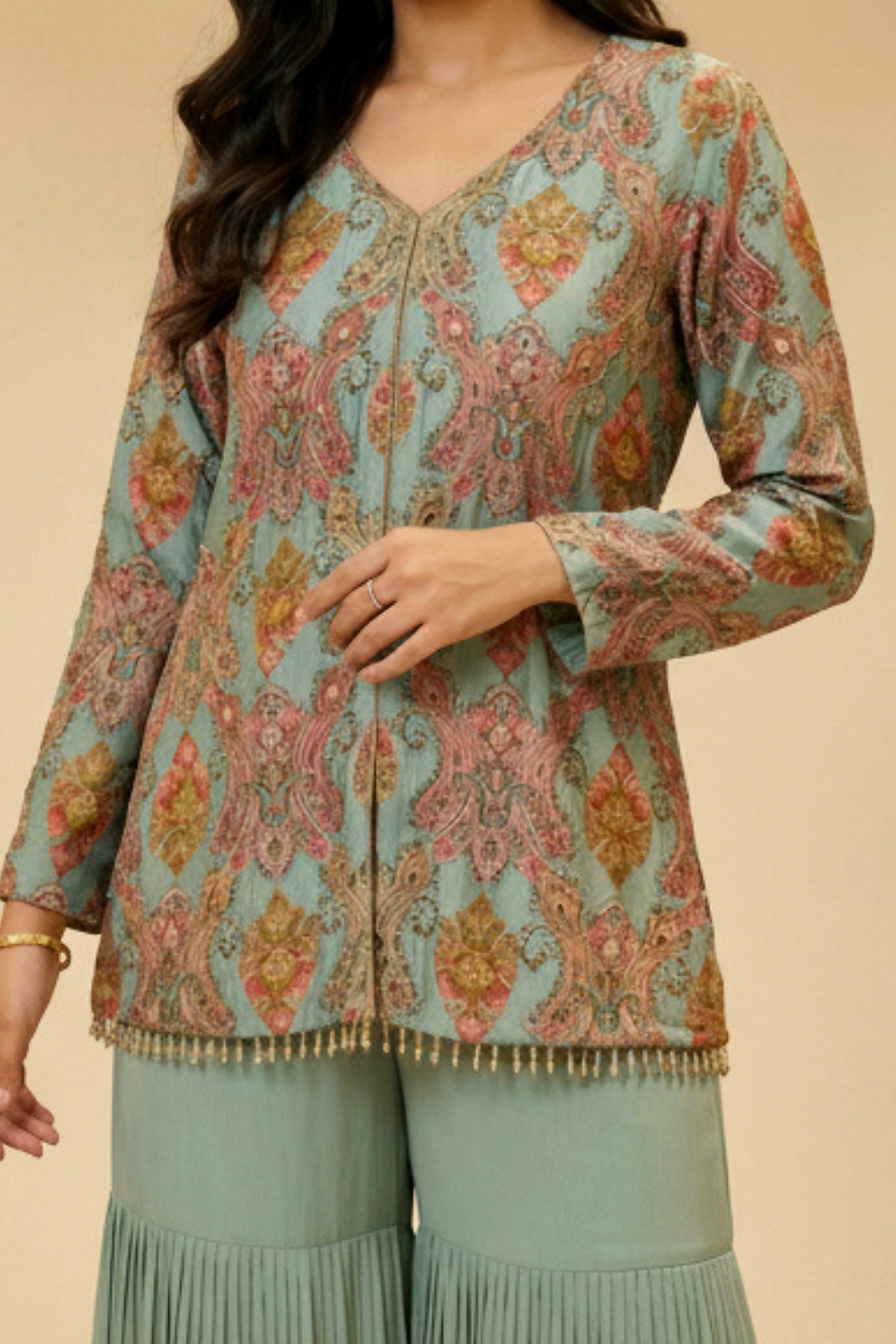 Aqua Charm Printed Sharara Style Cord Set