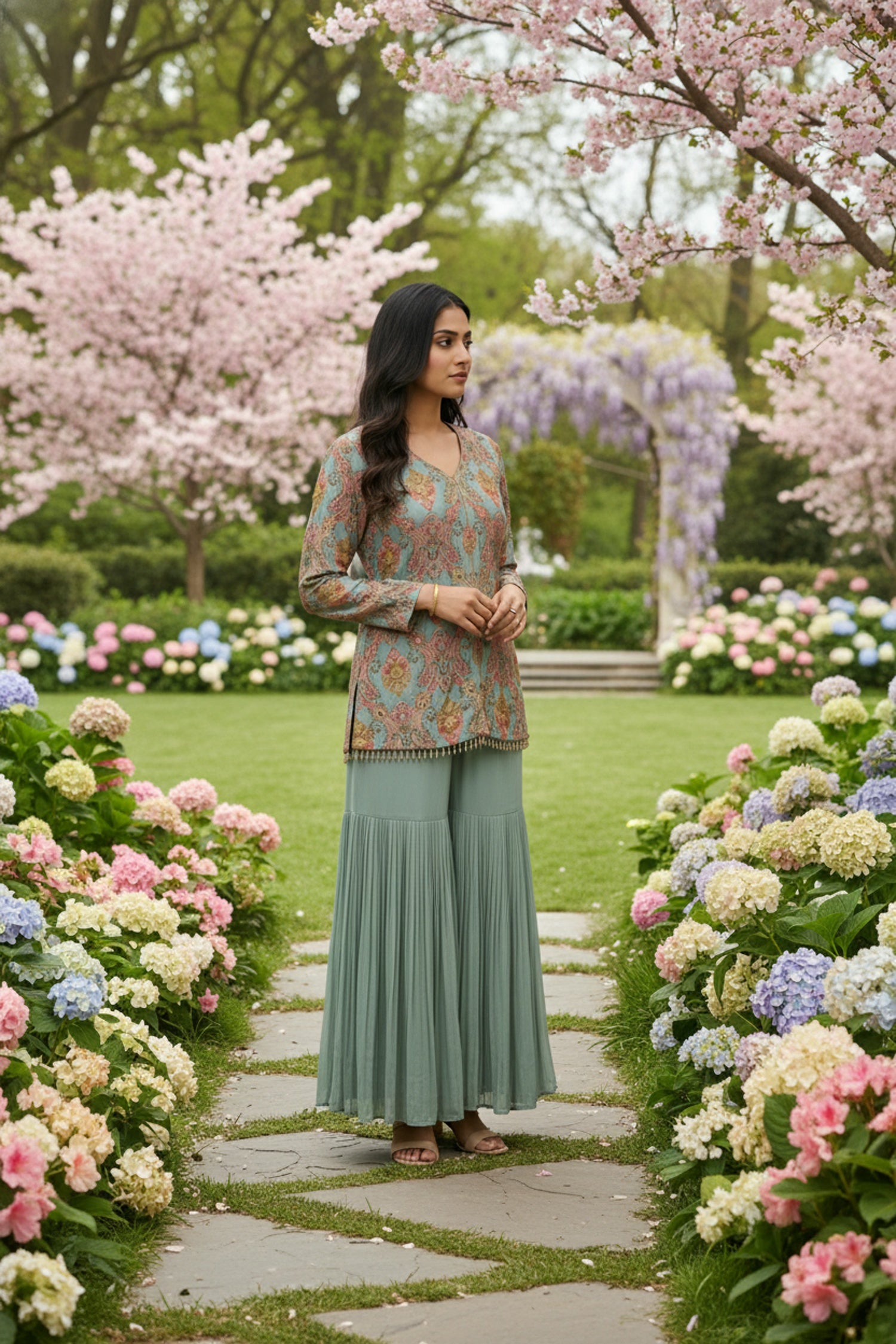 Aqua Charm Printed Sharara Style Cord Set