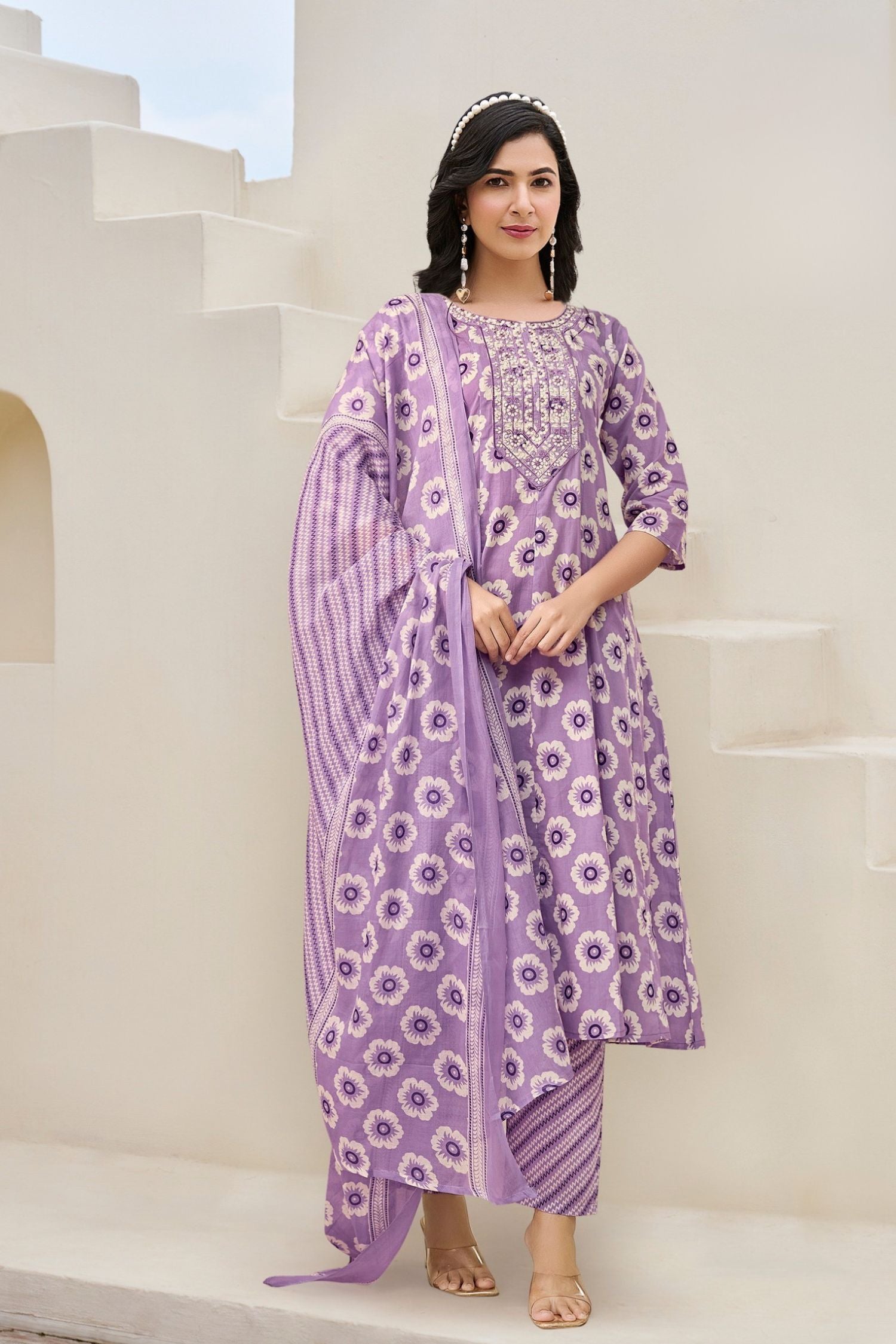 Purple V-Neck Embroidered Cotton Floral Printed Kurta Palazzo Dupatta Set