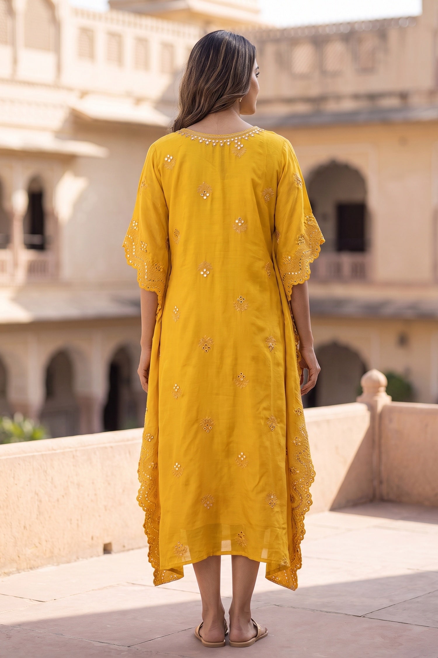 GOLD HAND EMBROIDERY MIRROR WORK YELLOW KAFTAN
