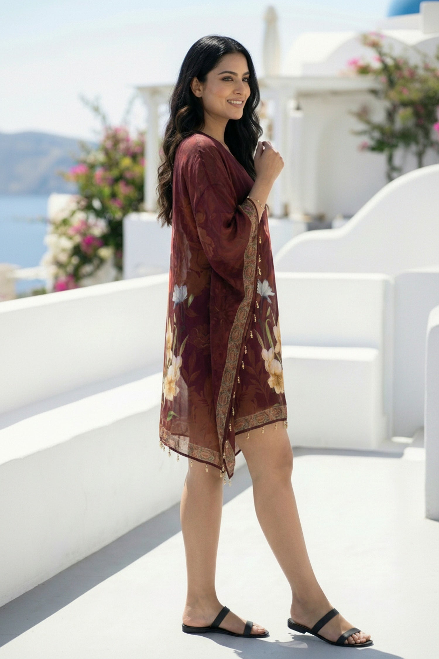 Maroon Floral Charm Short Kaftan