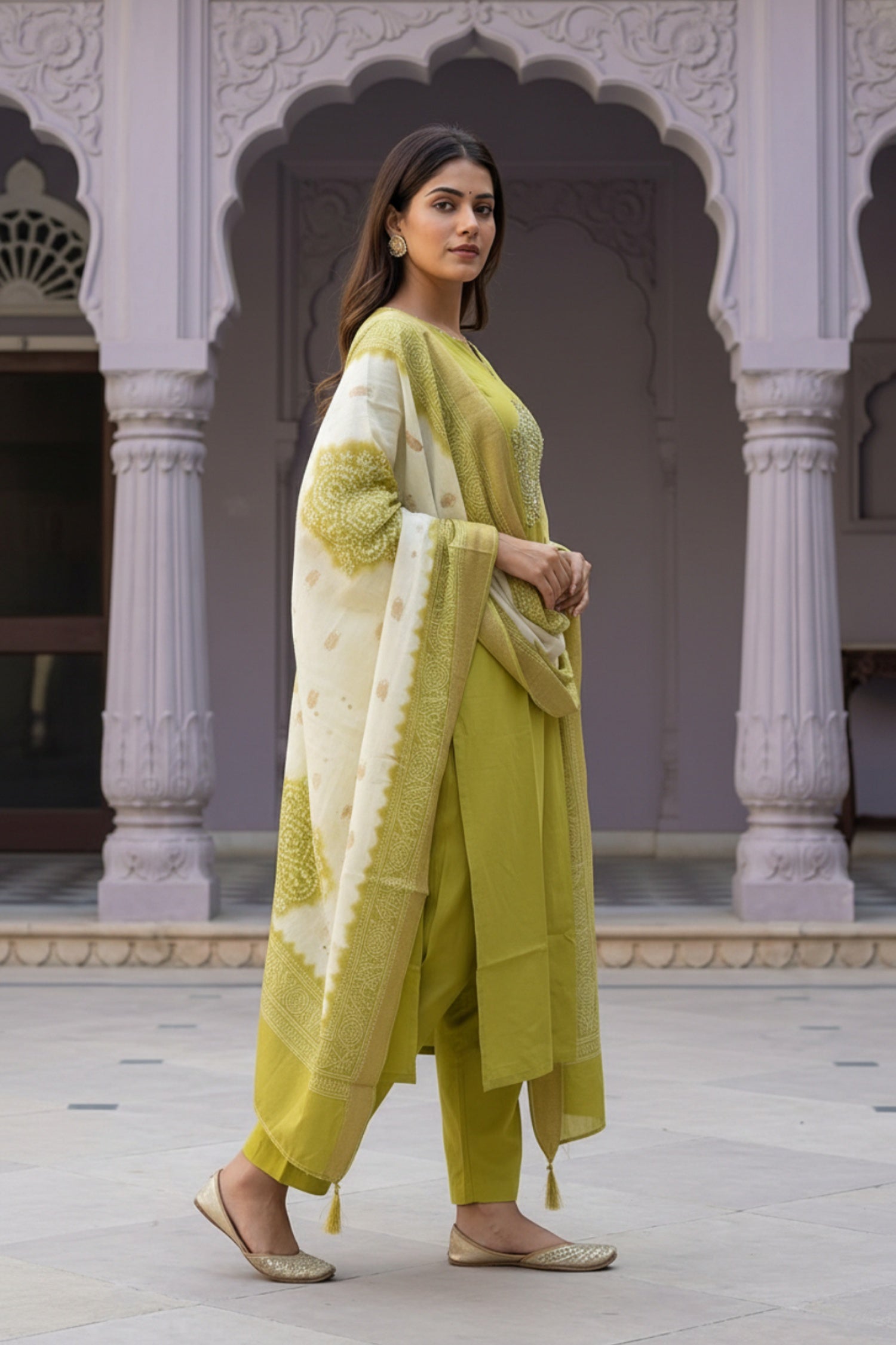 Green Straight-Cut Three Piece Suit with Embroidered Kurta Patch & Work Dupatta