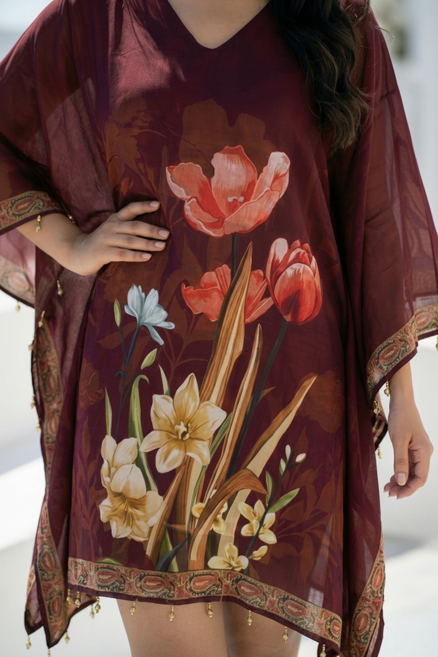 Maroon Floral Charm Short Kaftan