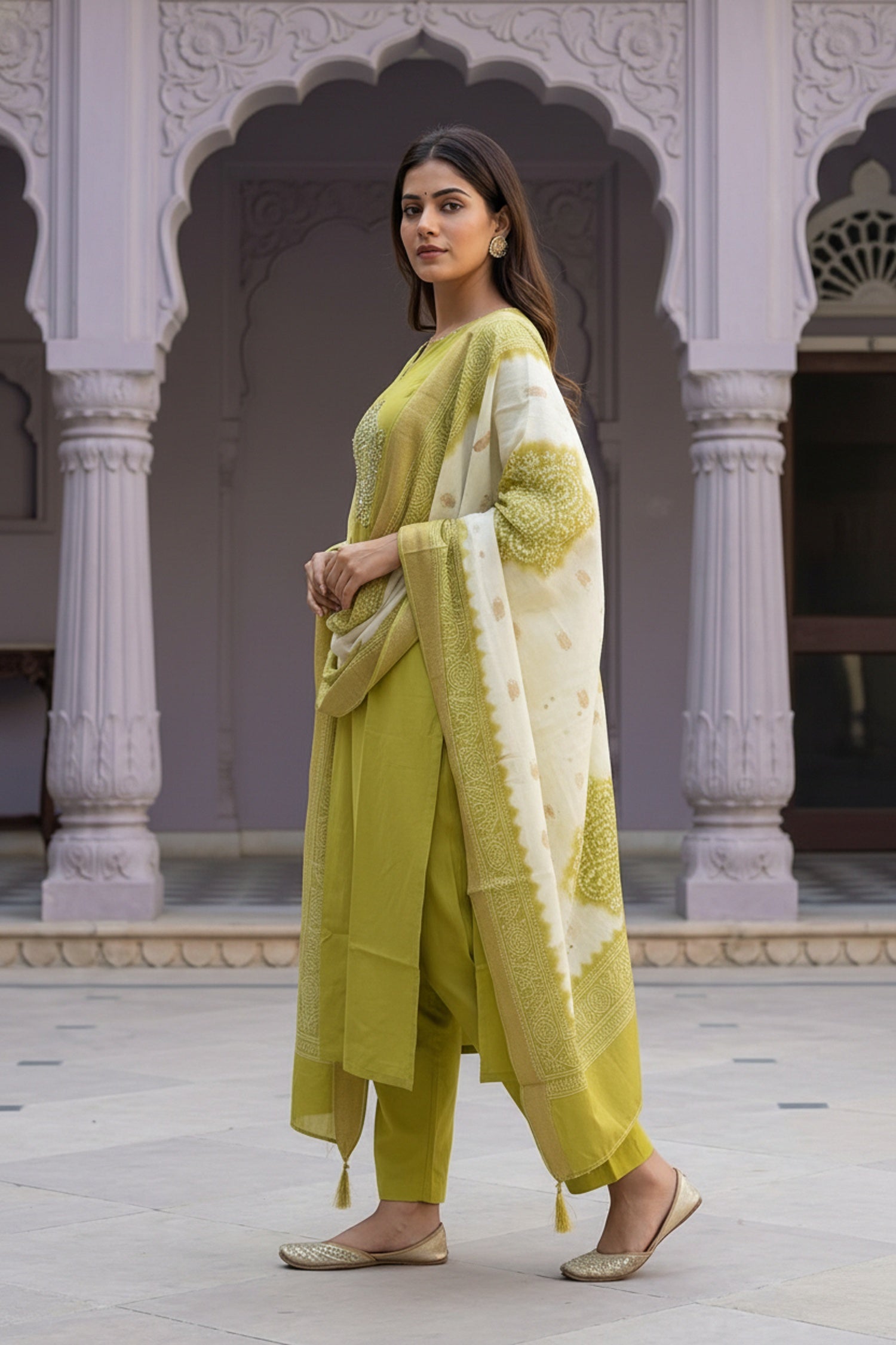 Green Straight-Cut Three Piece Suit with Embroidered Kurta Patch & Work Dupatta