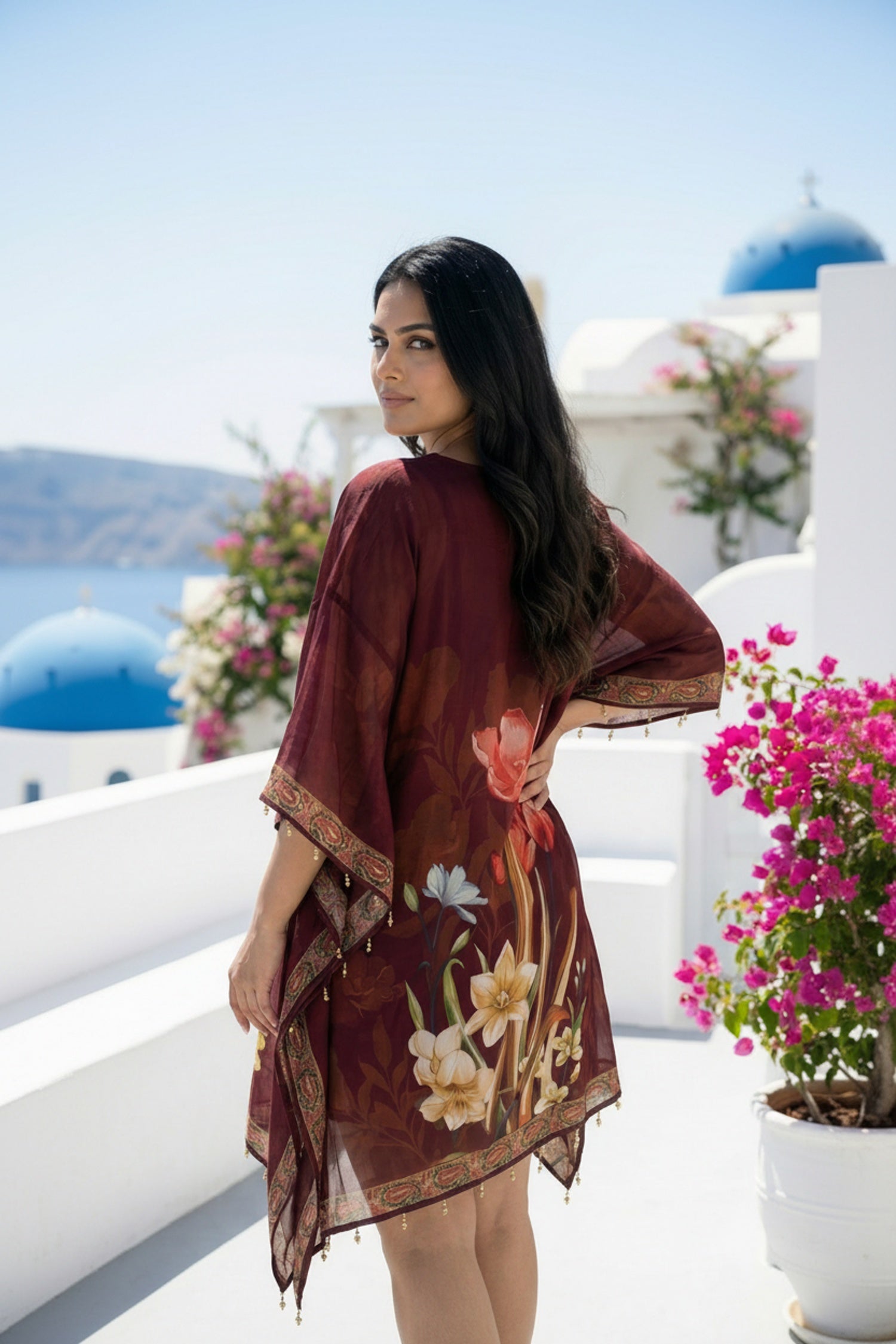 Maroon Floral Charm Short Kaftan