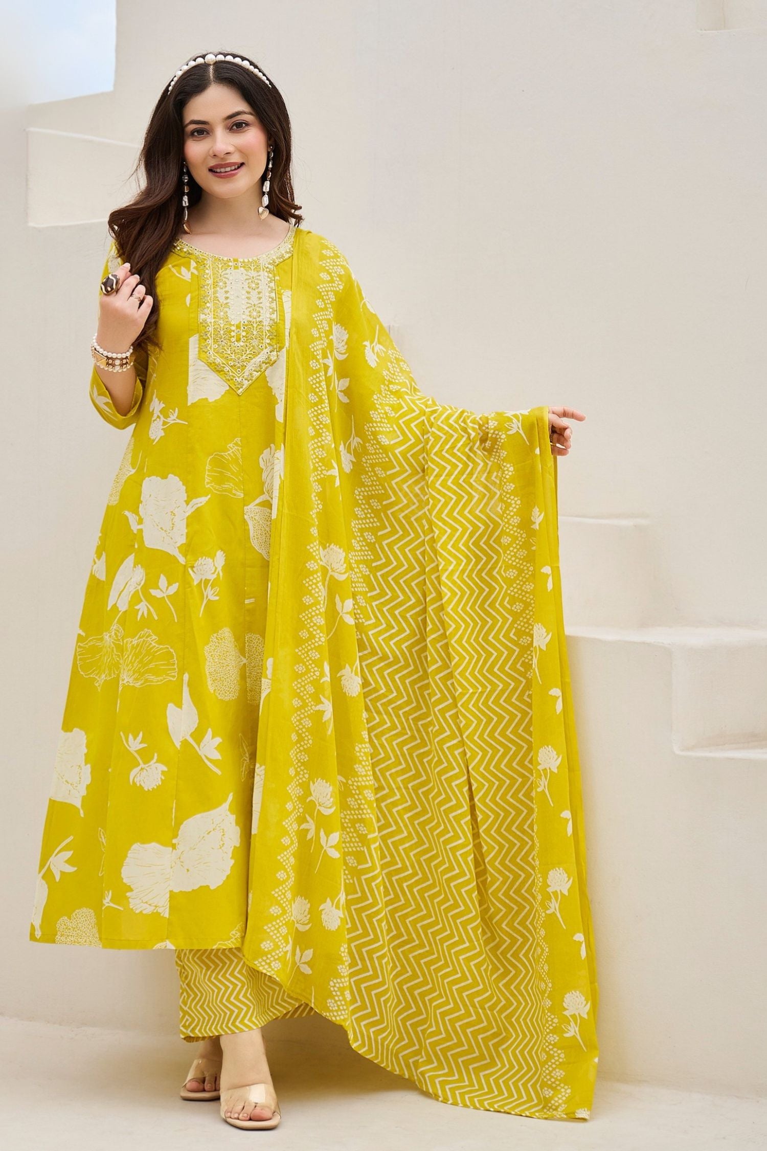 Yellow V-Neck Embroidered Cotton Floral Printed Kurta Palazzo Dupatta Set