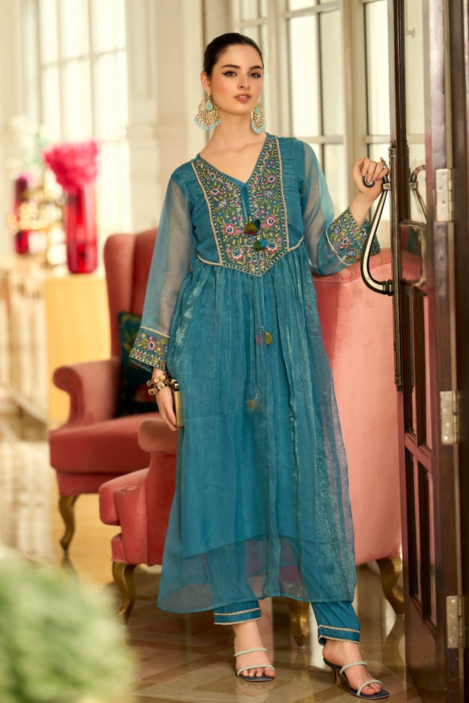 Signature Pure Organza Collection – Embroidered Perfection with Handcrafted Charm -Teal colour