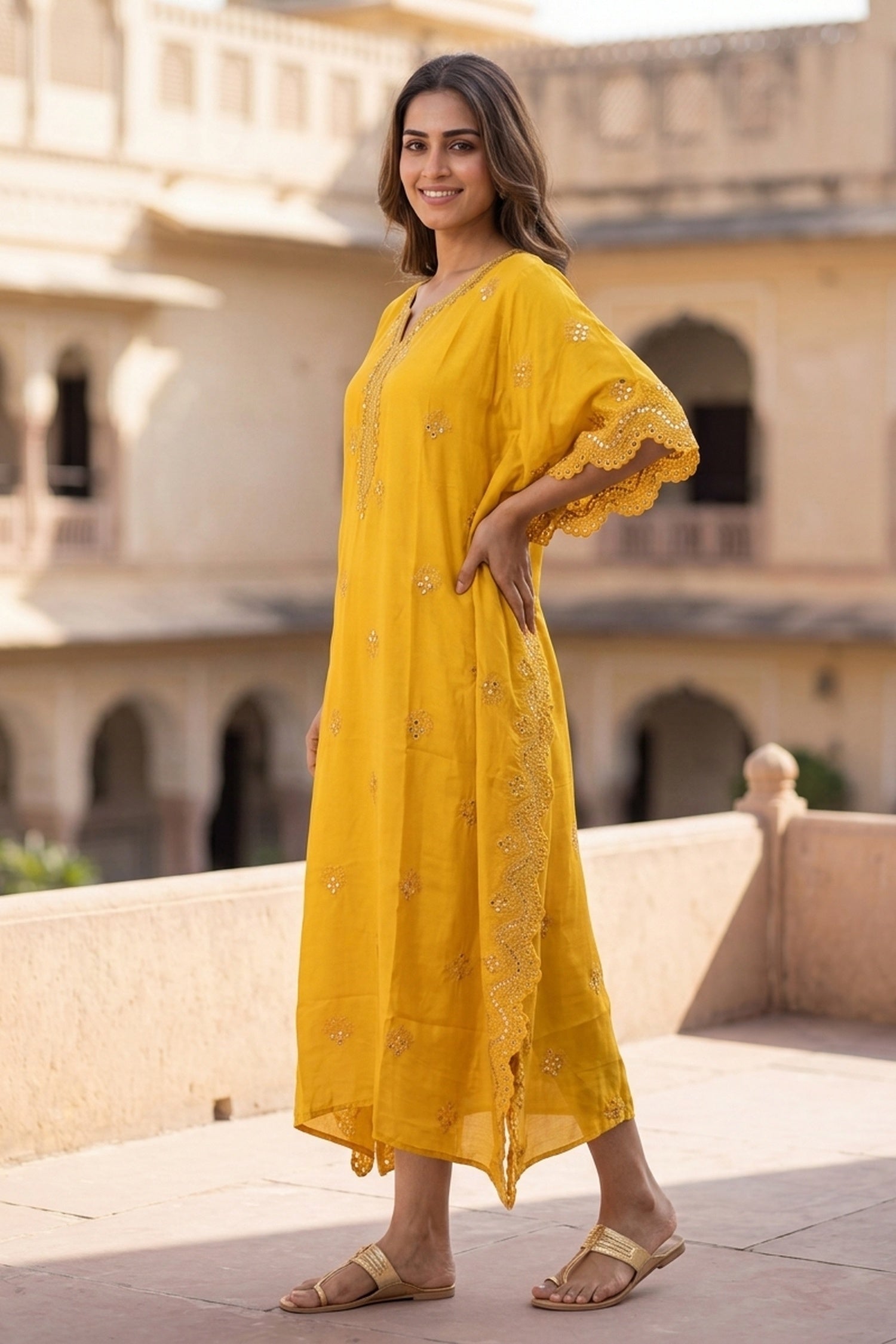 GOLD HAND EMBROIDERY MIRROR WORK YELLOW KAFTAN