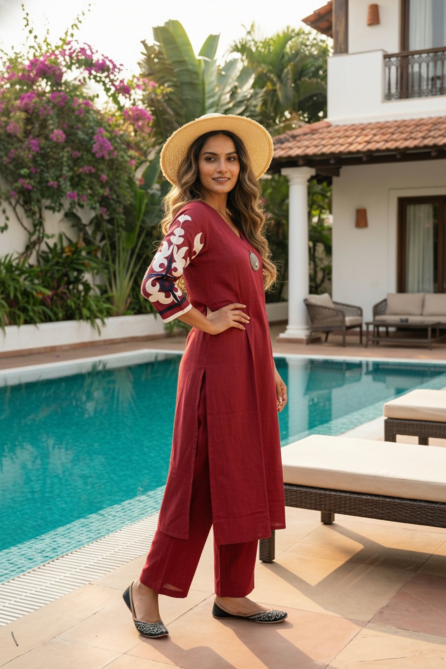 Red Cotton Straight-Cut Co-ord