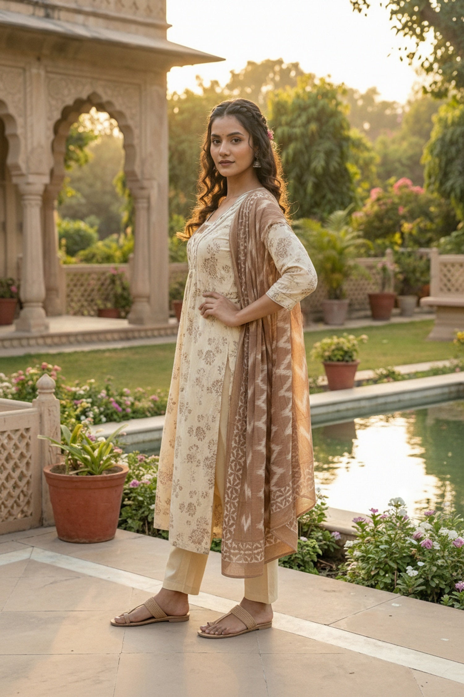 Off-White Elegance Kurta Set with Brown Dupatta