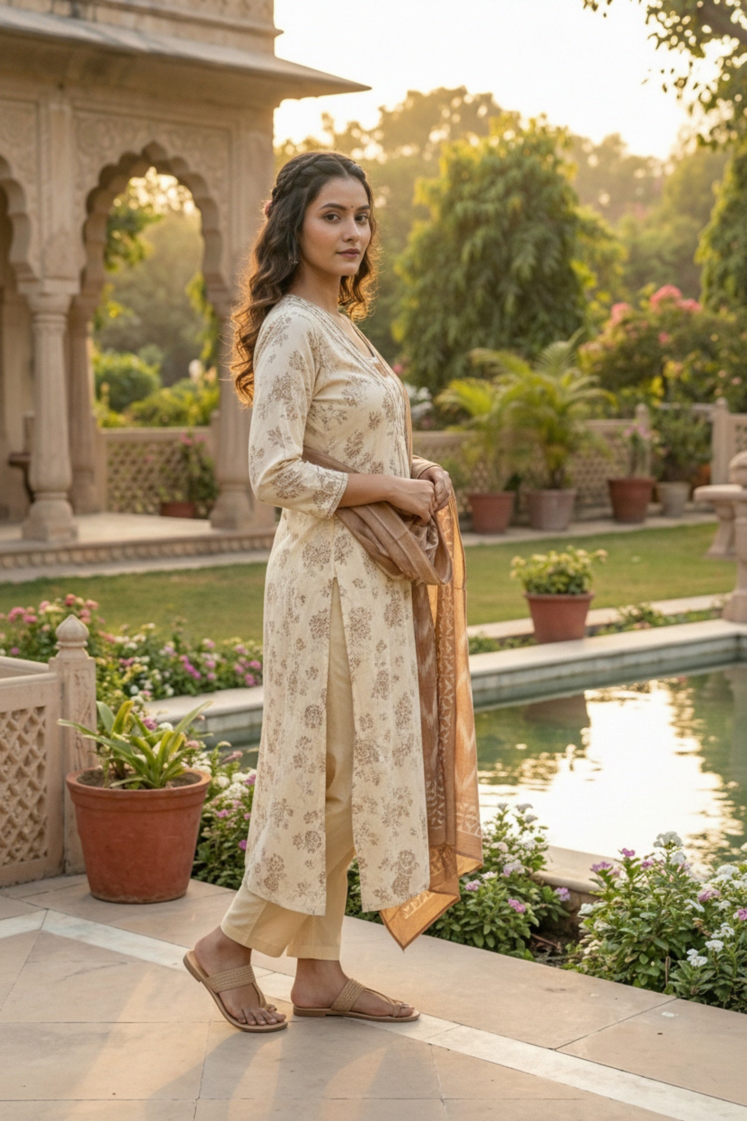Off-White Elegance Kurta Set with Brown Dupatta