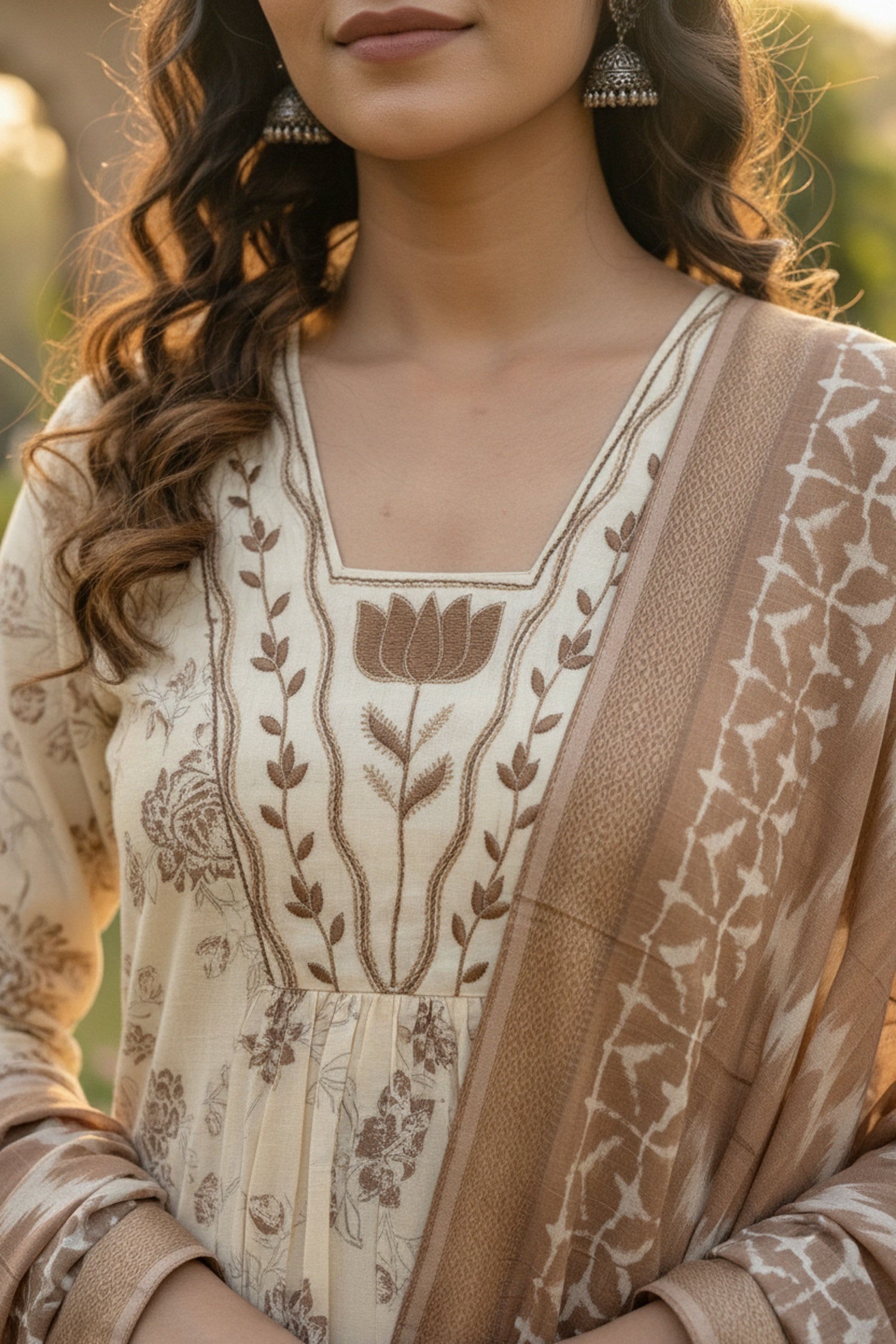 Off-White Elegance Kurta Set with Brown Dupatta