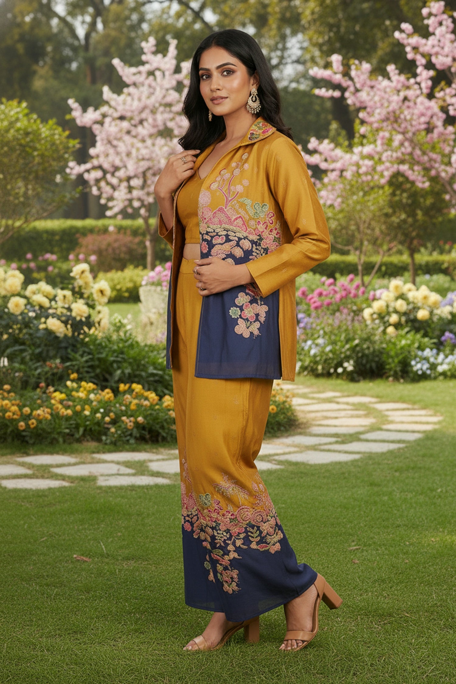 Yellow Embroidered Jacket Cord Set