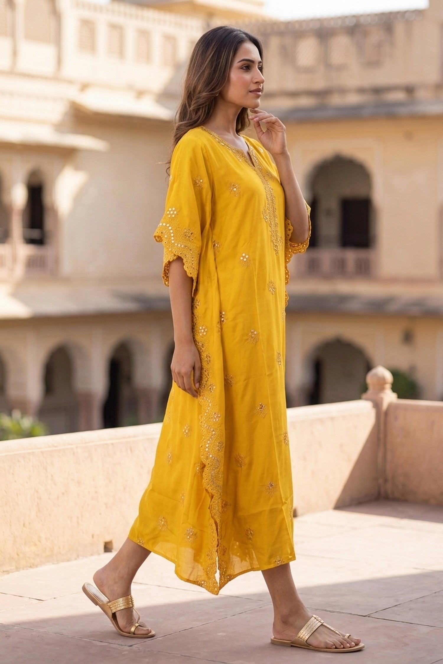 GOLD HAND EMBROIDERY MIRROR WORK YELLOW KAFTAN