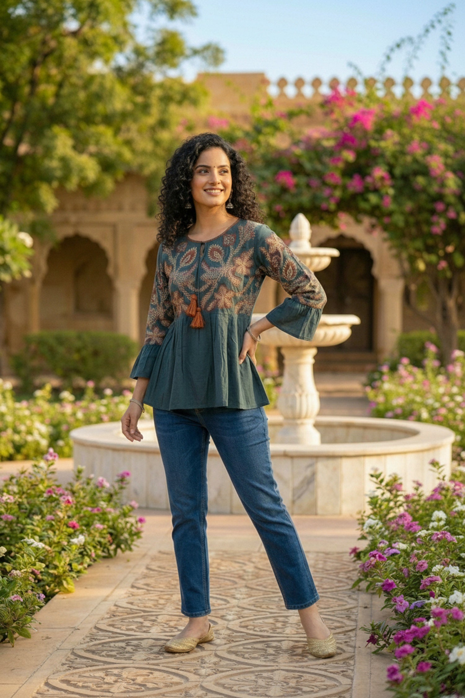 Blue Cotton Top with Thread Embroidery