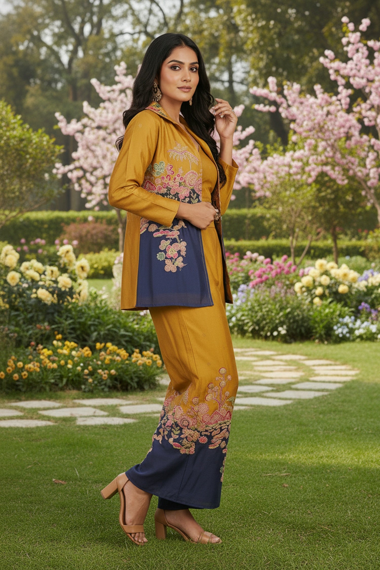 Yellow Embroidered Jacket Cord Set