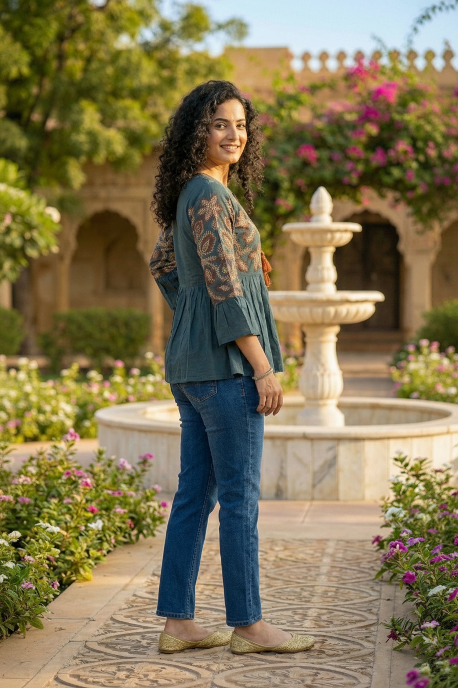 Blue Cotton Top with Thread Embroidery