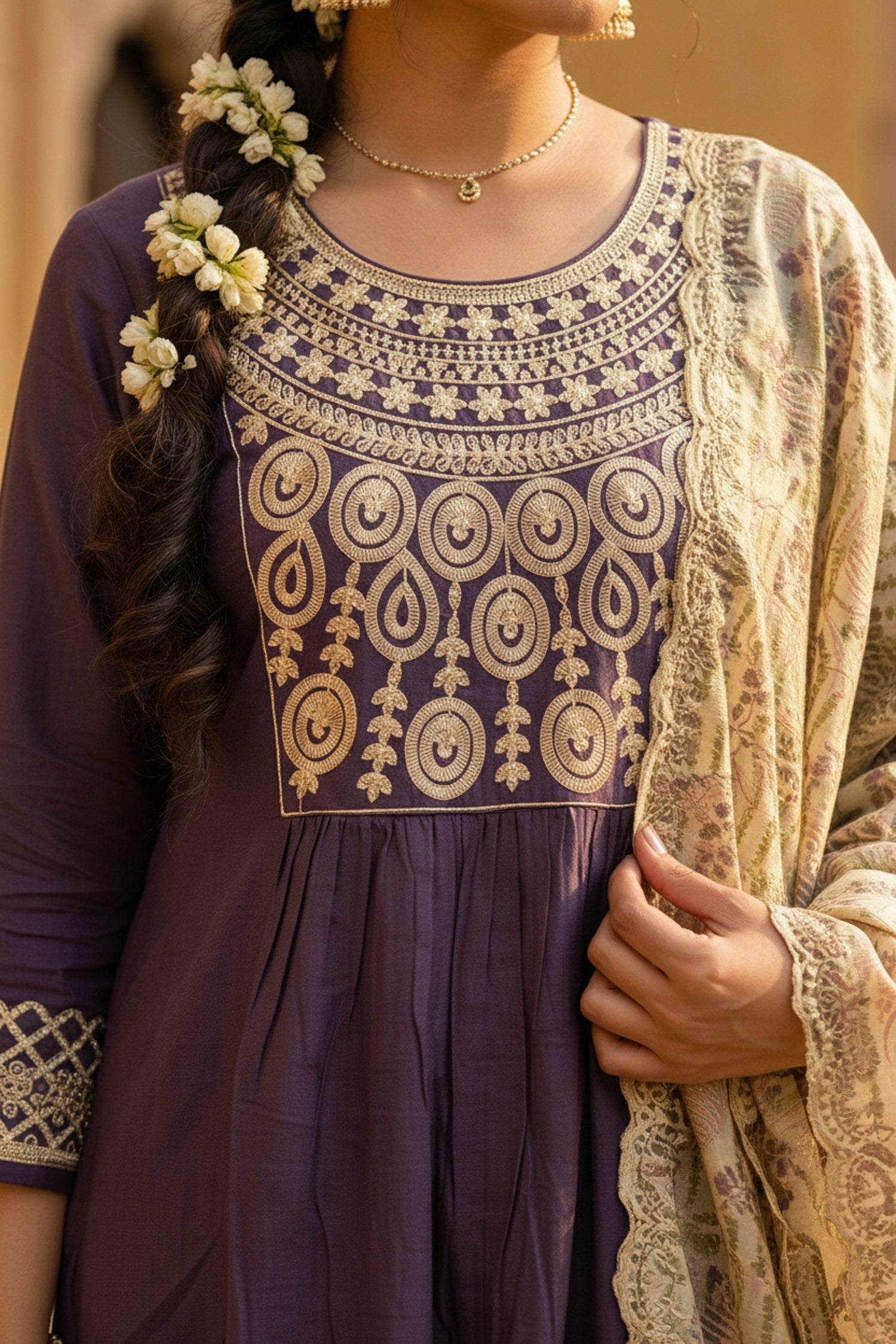 Lavender Embroidered Kurta Set with Tissue Dupatta