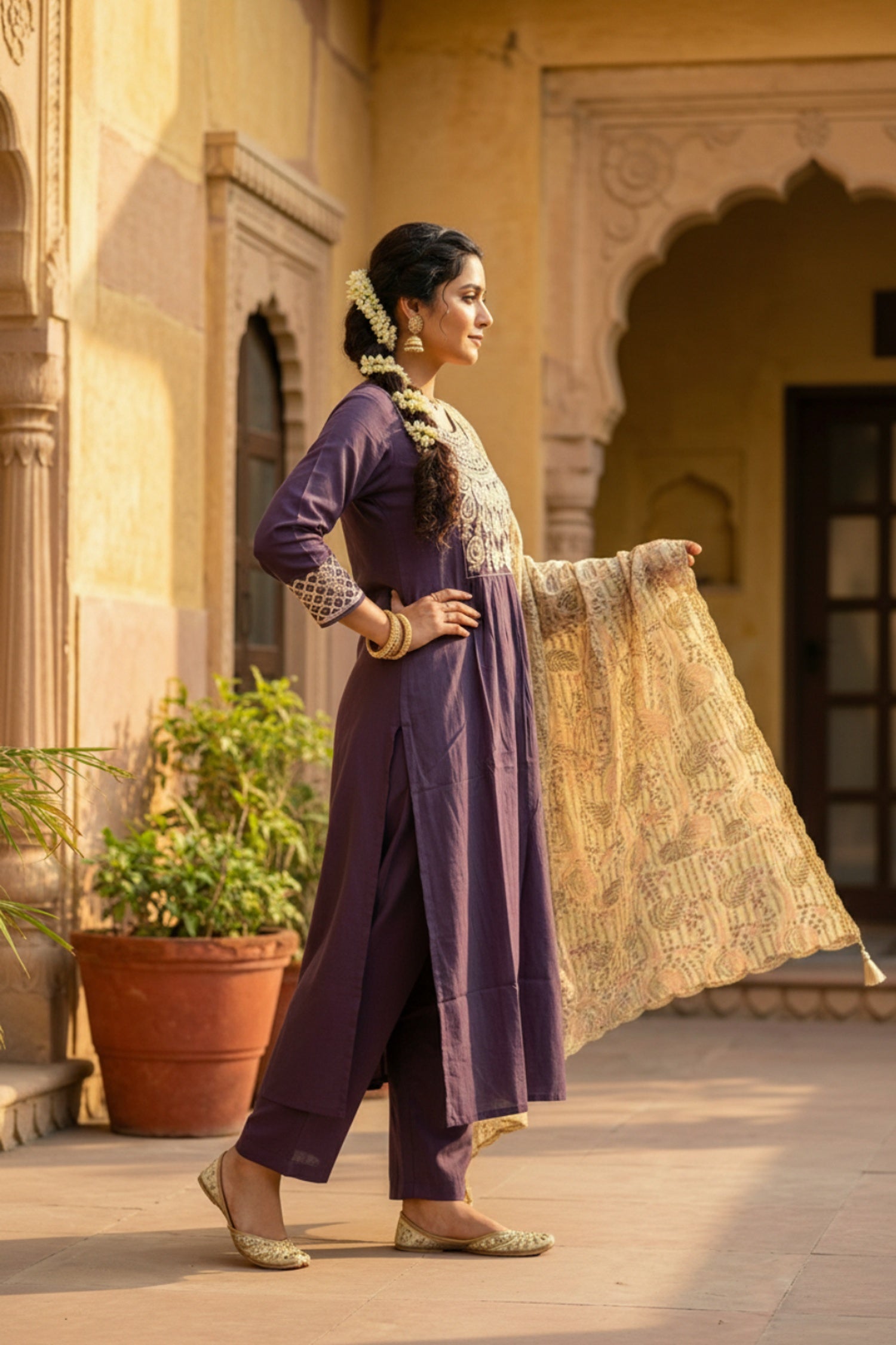 Lavender Embroidered Kurta Set with Tissue Dupatta