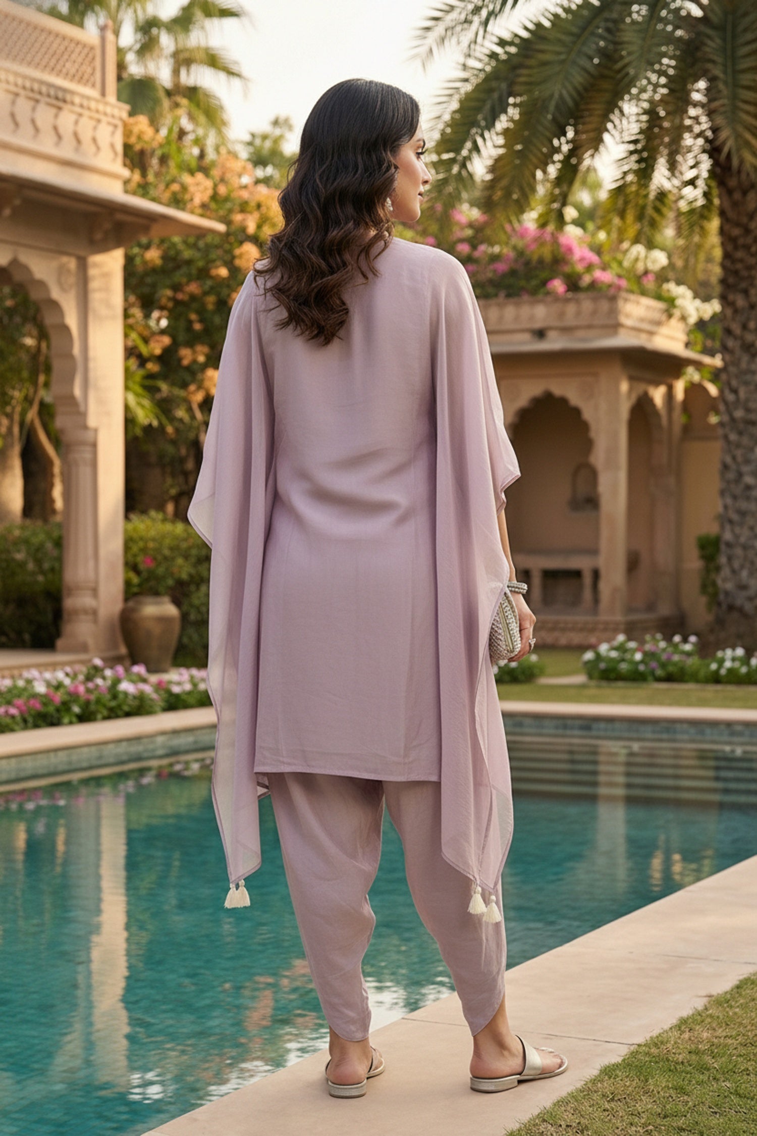 Lilac Satin Kaftan Co-ord Set with Dhoti Pants