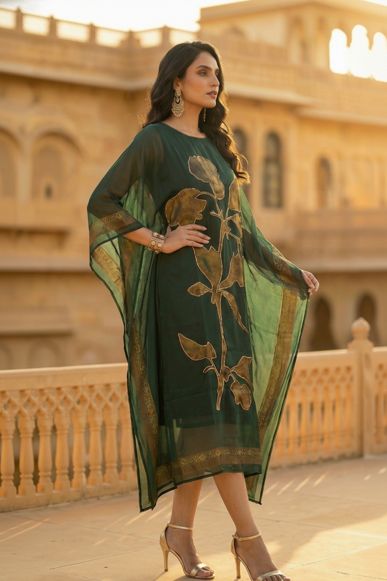 Bottle Green Embroidered Viscose Long Kaftan