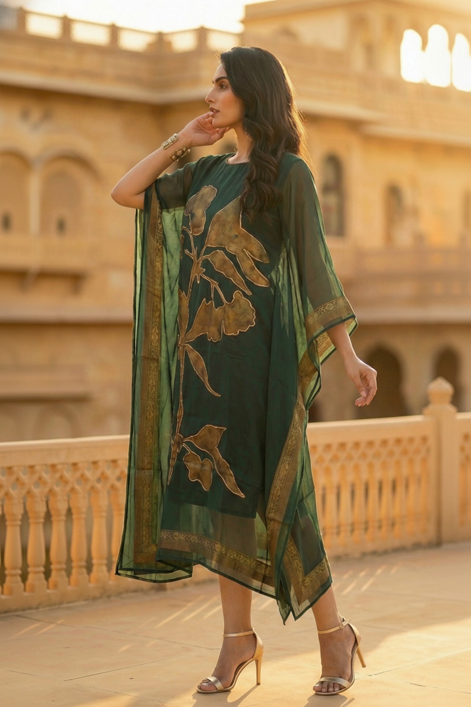 Bottle Green Embroidered Viscose Long Kaftan