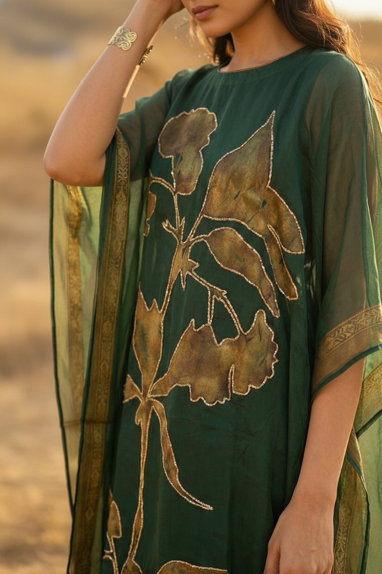 Bottle Green Embroidered Viscose Long Kaftan