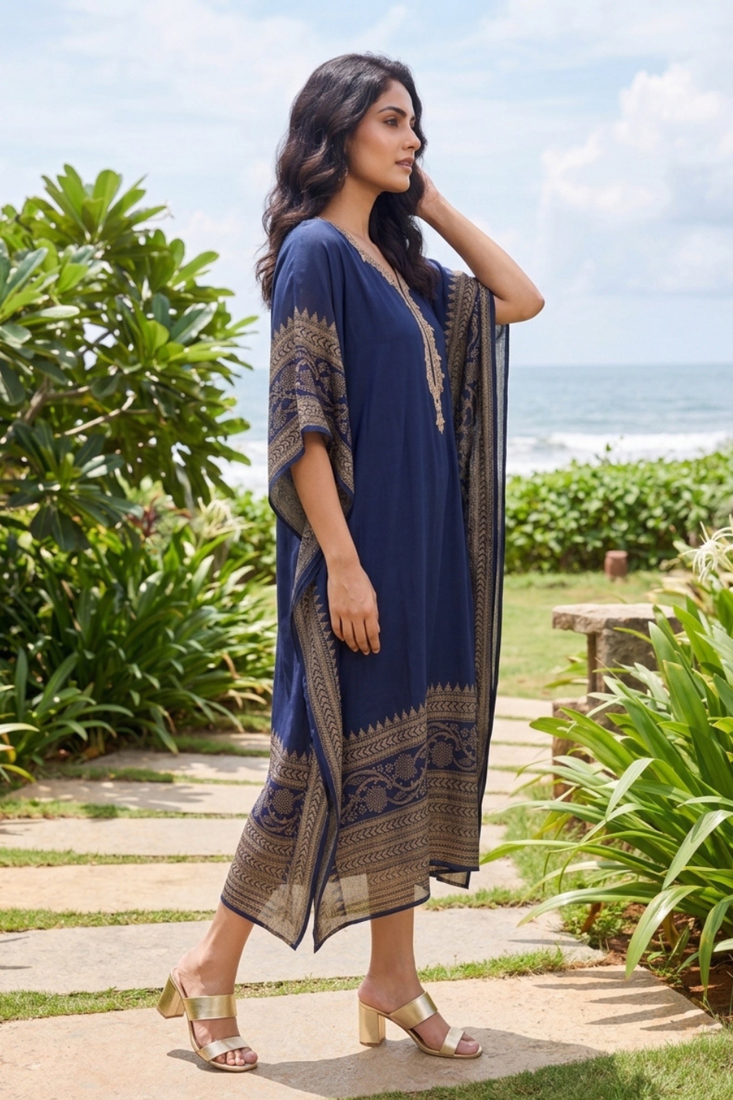 GOLD HAND EMBROIDERY DIGITALPRINT BORDER  NAVY BLUE KAFTAN