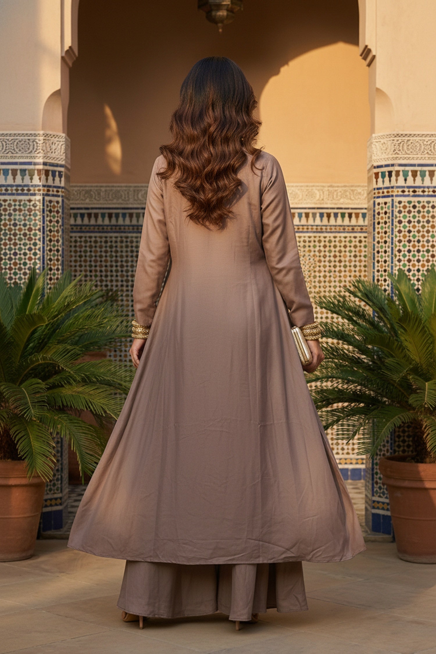 Taupe Brown Cordset for Women with Embellished Waist & Layered Jacket Design